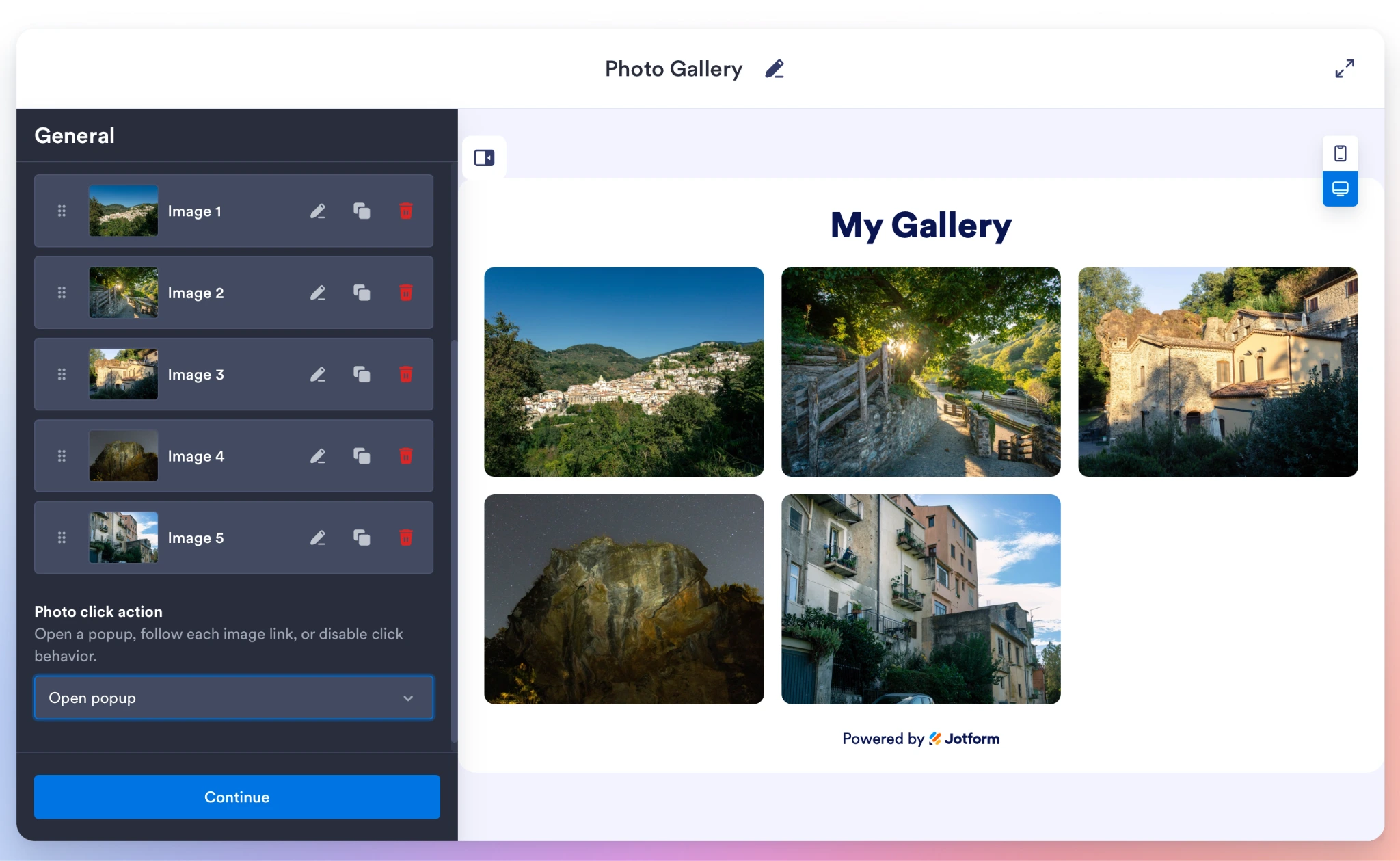 Jotform Photo Gallery Widget settings showing five images and click action options