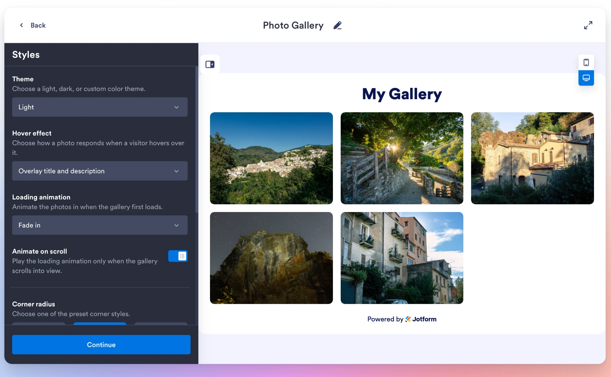 Jotform Photo Gallery Widget style settings with theme, hover effect, and animation options