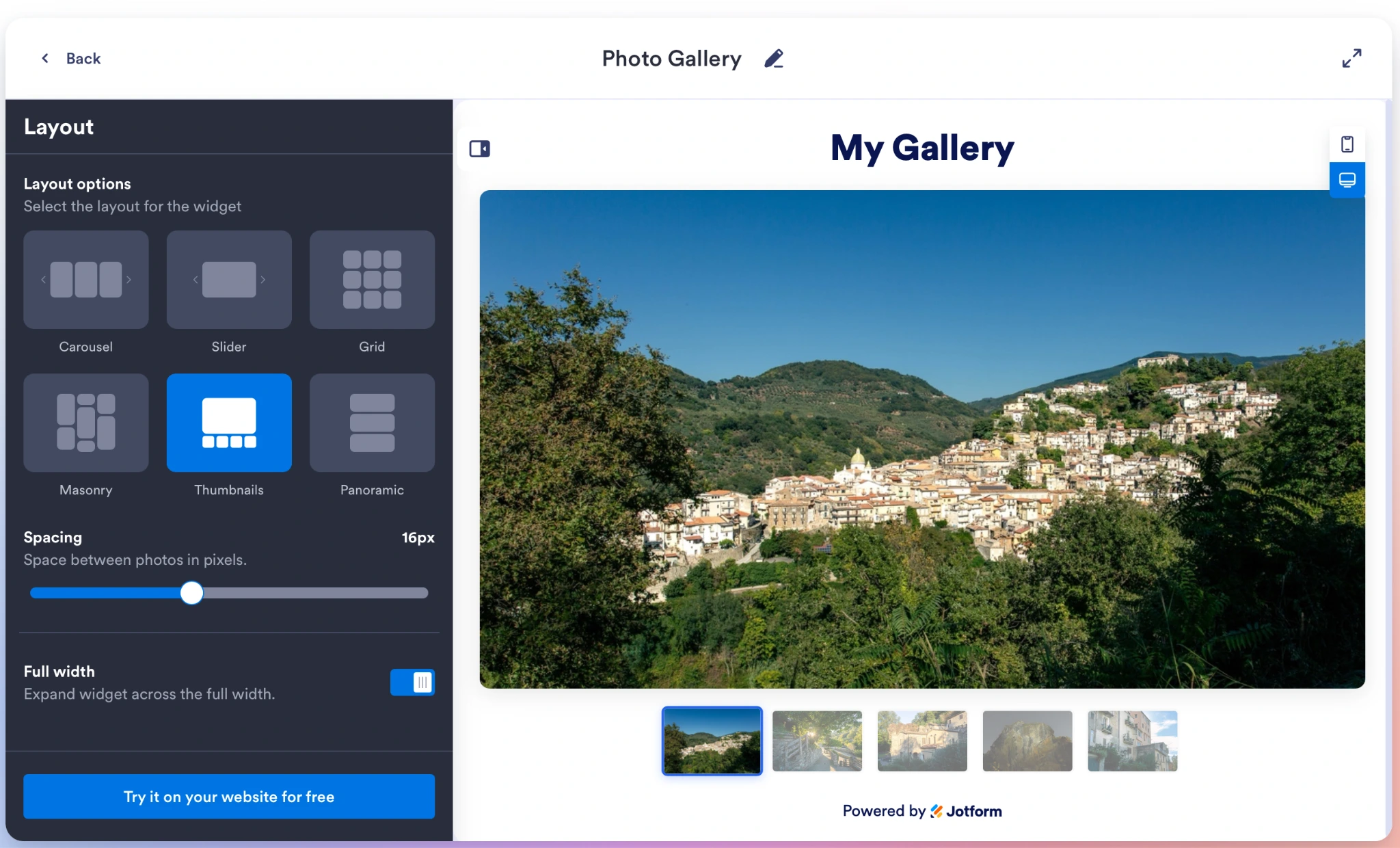 Jotform Photo Gallery Widget layout settings with thumbnail gallery preview and spacing controls
