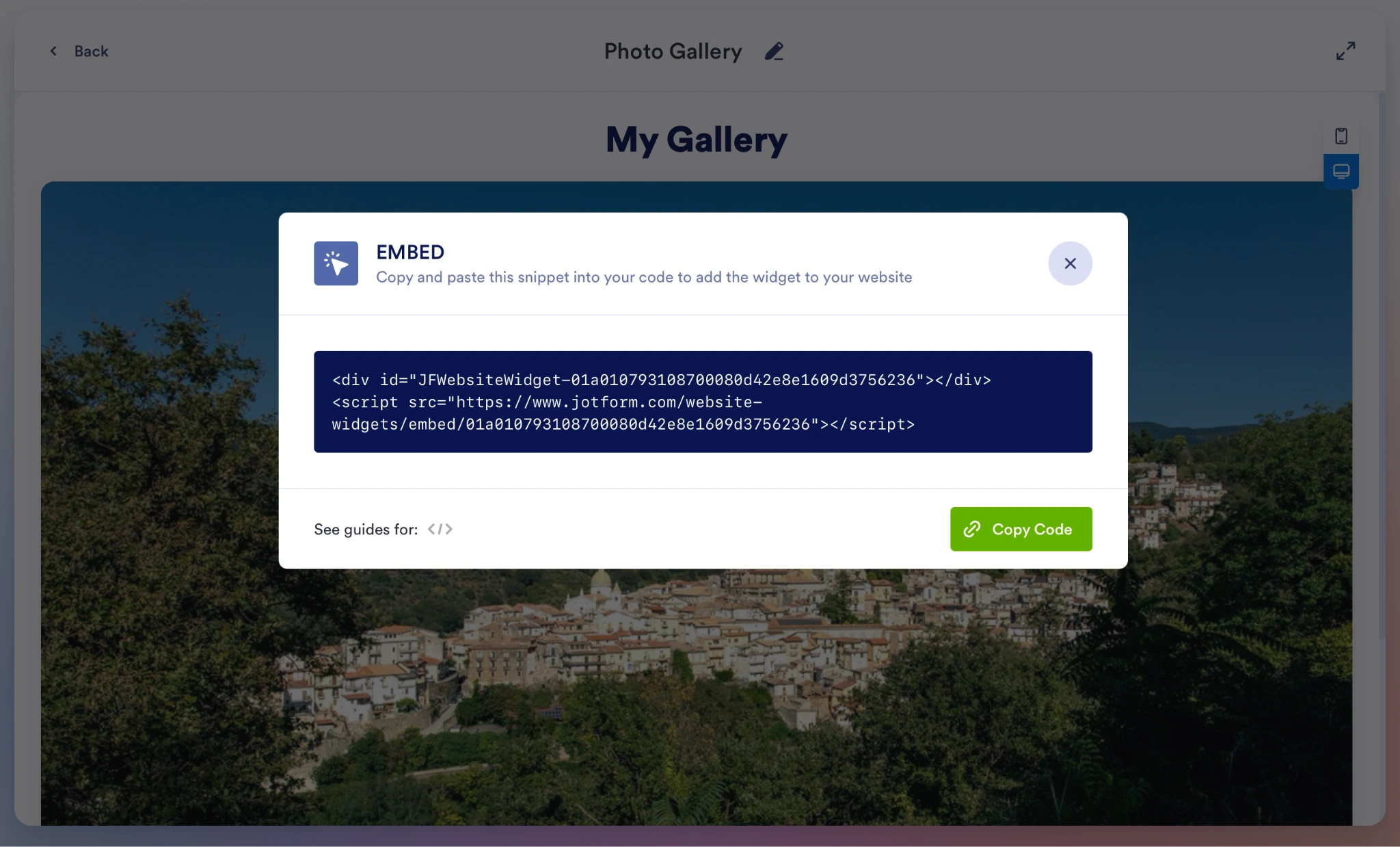 Jotform Photo Gallery Widget embed window showing generated iframe code and Copy Code button