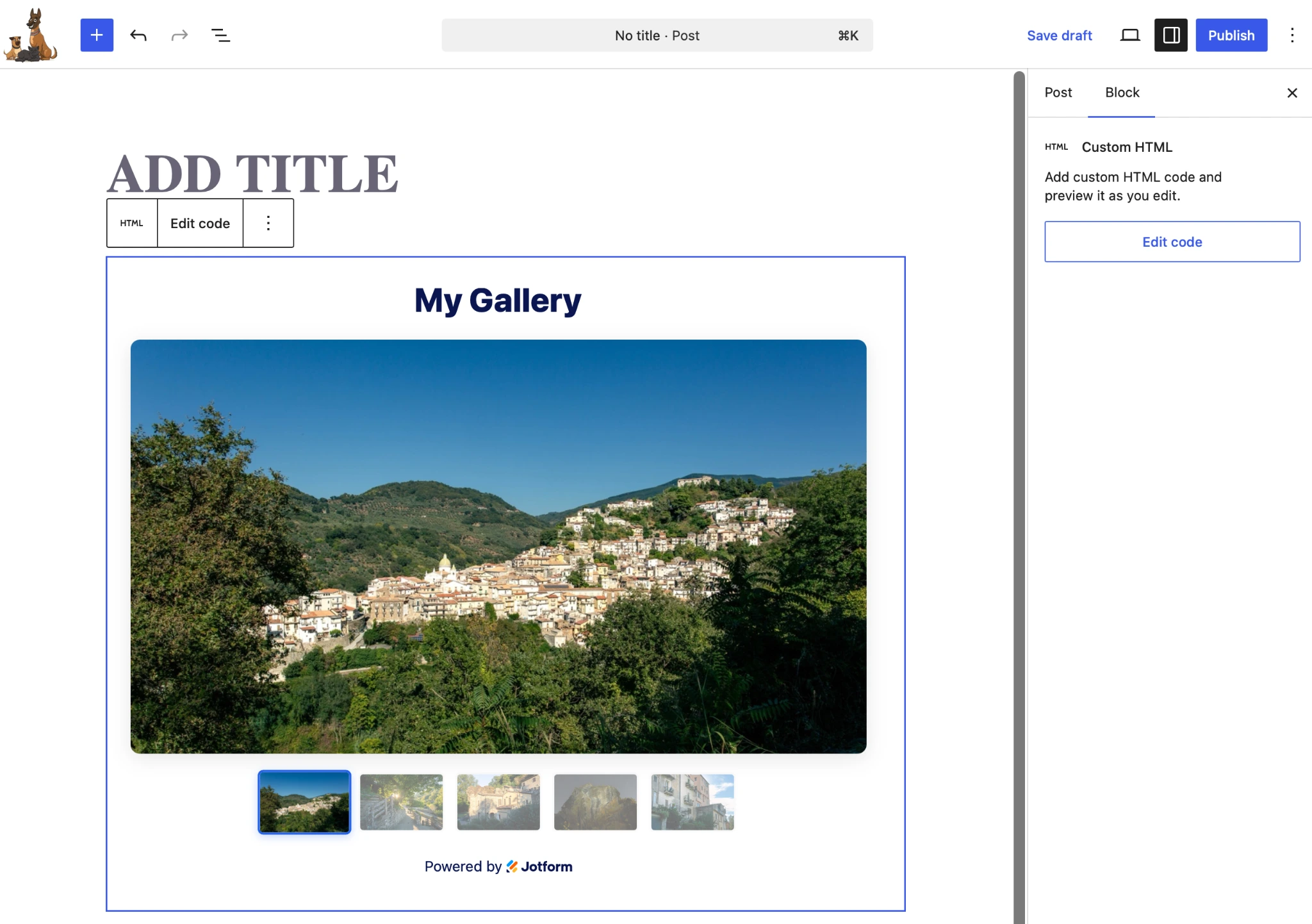 WordPress editor preview showing a Jotform photo gallery embedded in a Custom HTML block