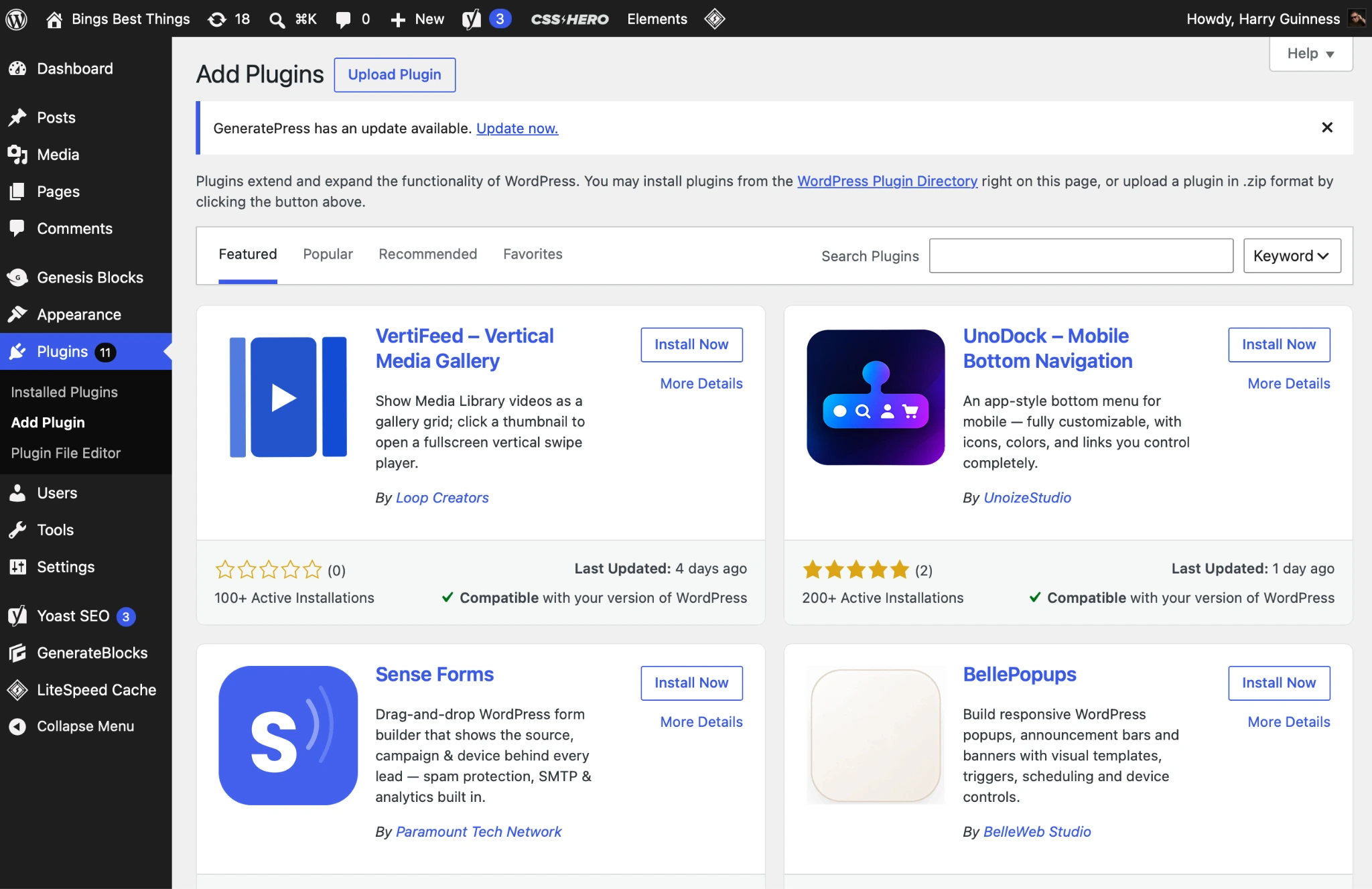 WordPress Add Plugins page showing gallery plugin search results