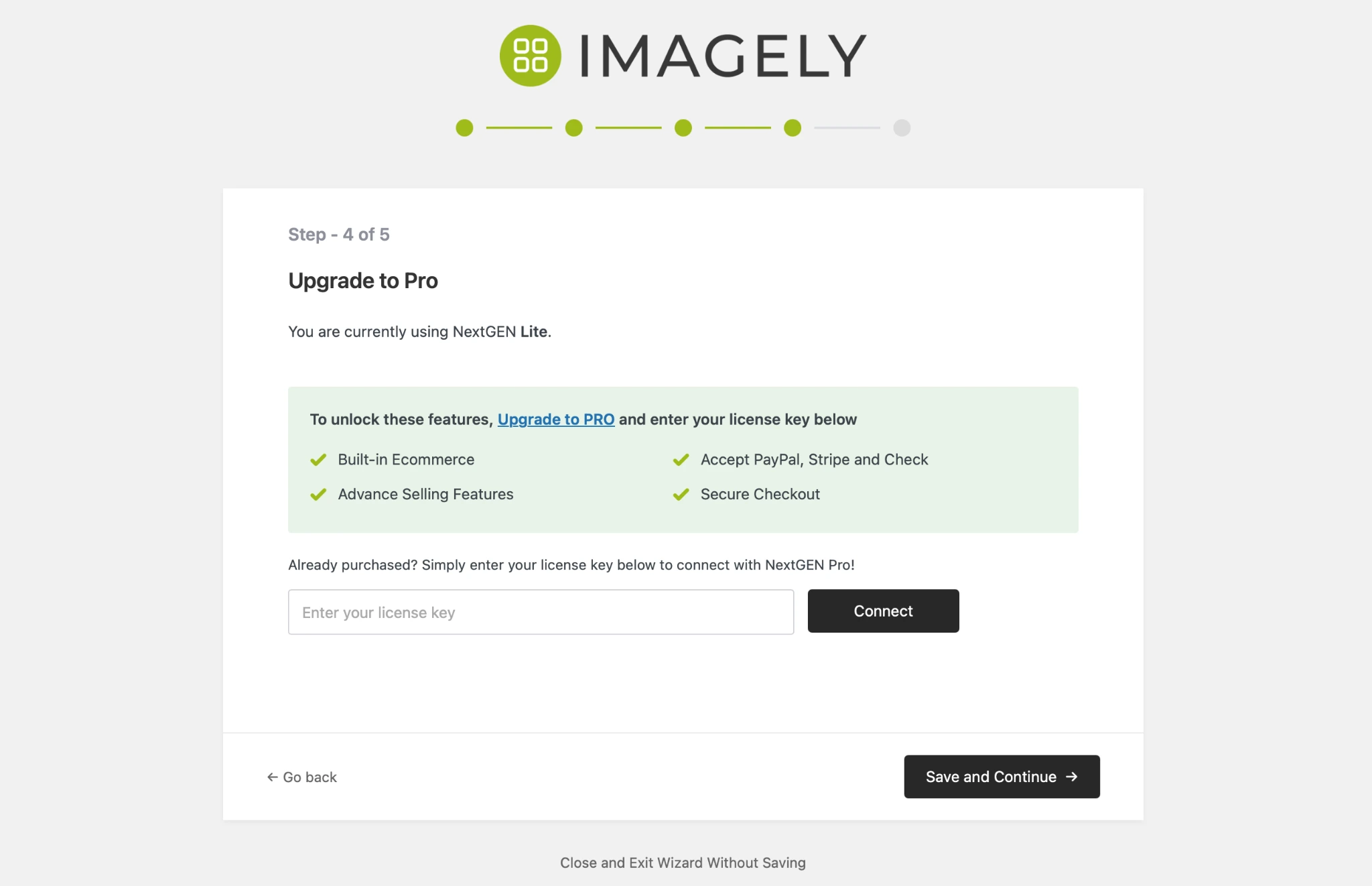 Imagely onboarding screen prompting users to upgrade to a Pro plan