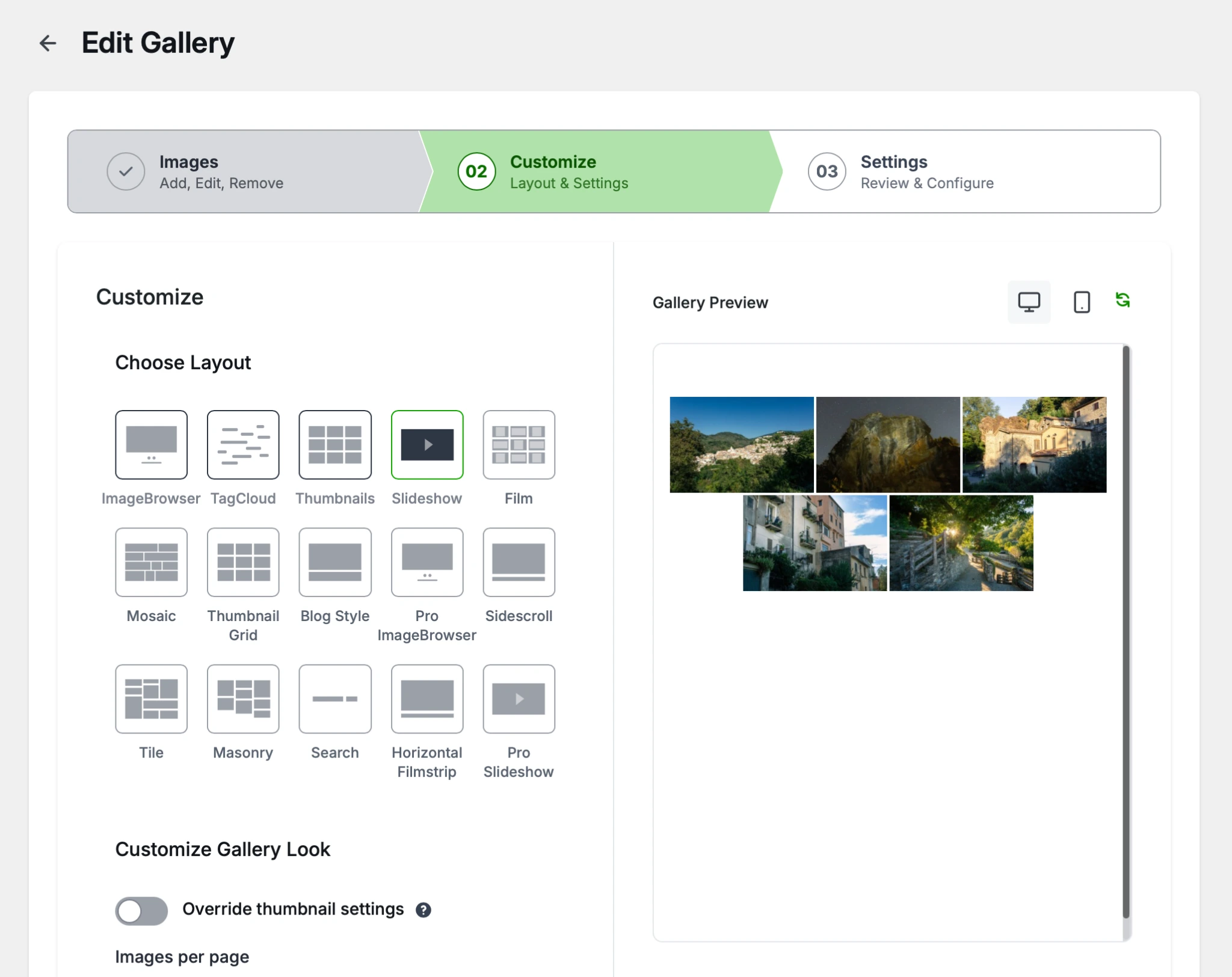 Imagely gallery customization screen with layout options and a gallery preview
