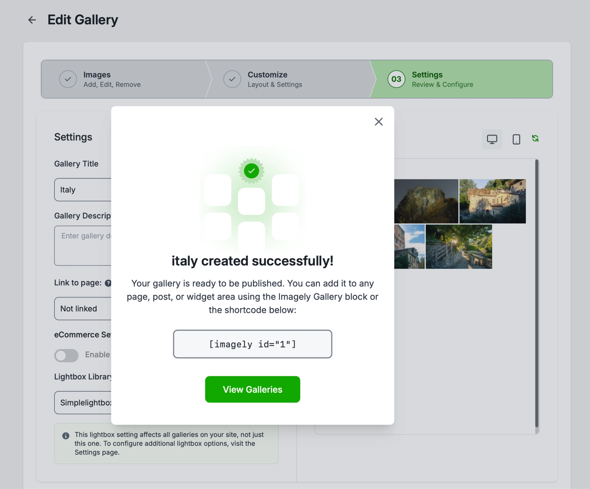 Imagely success message showing the completed Italy gallery and its shortcode