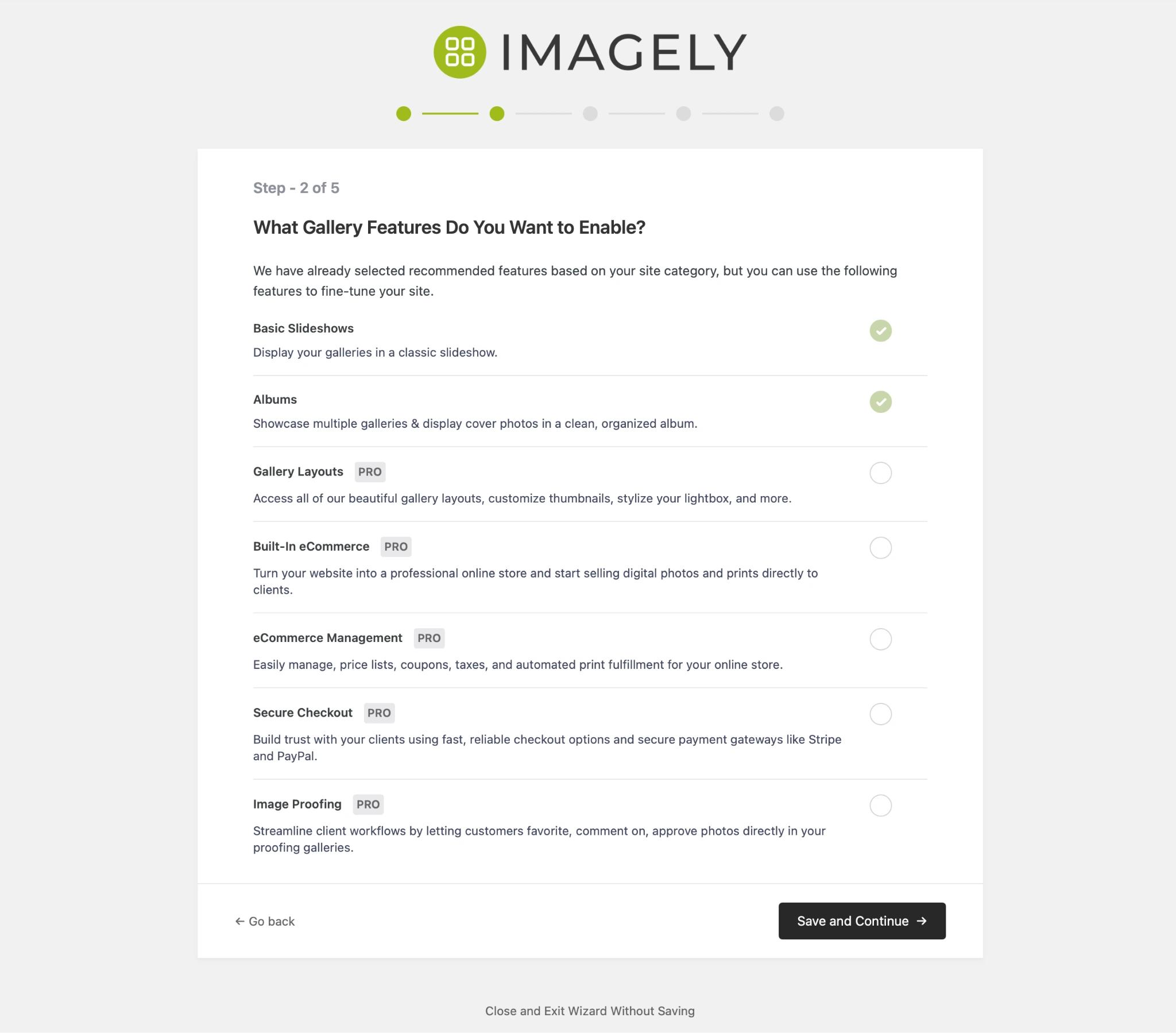 Imagely setup screen showing optional gallery features users can enable