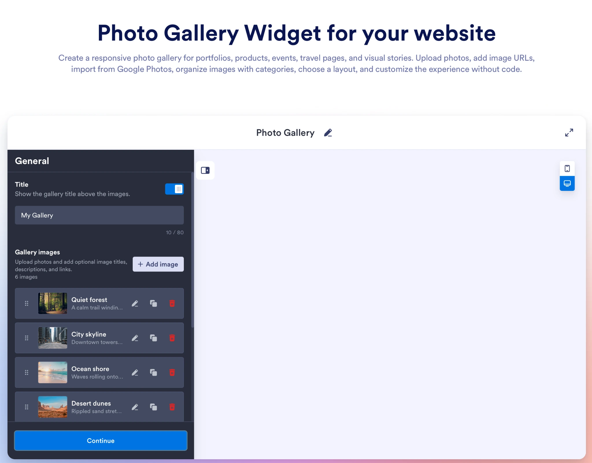 Jotform Photo Gallery Widget editor showing uploaded gallery images in the sidebar