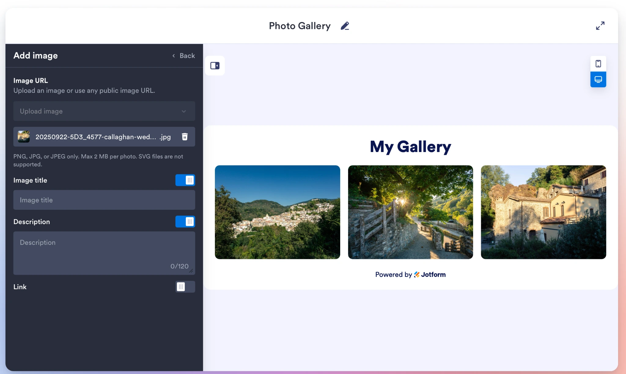 Jotform Photo Gallery Widget preview with image details and three gallery photos
