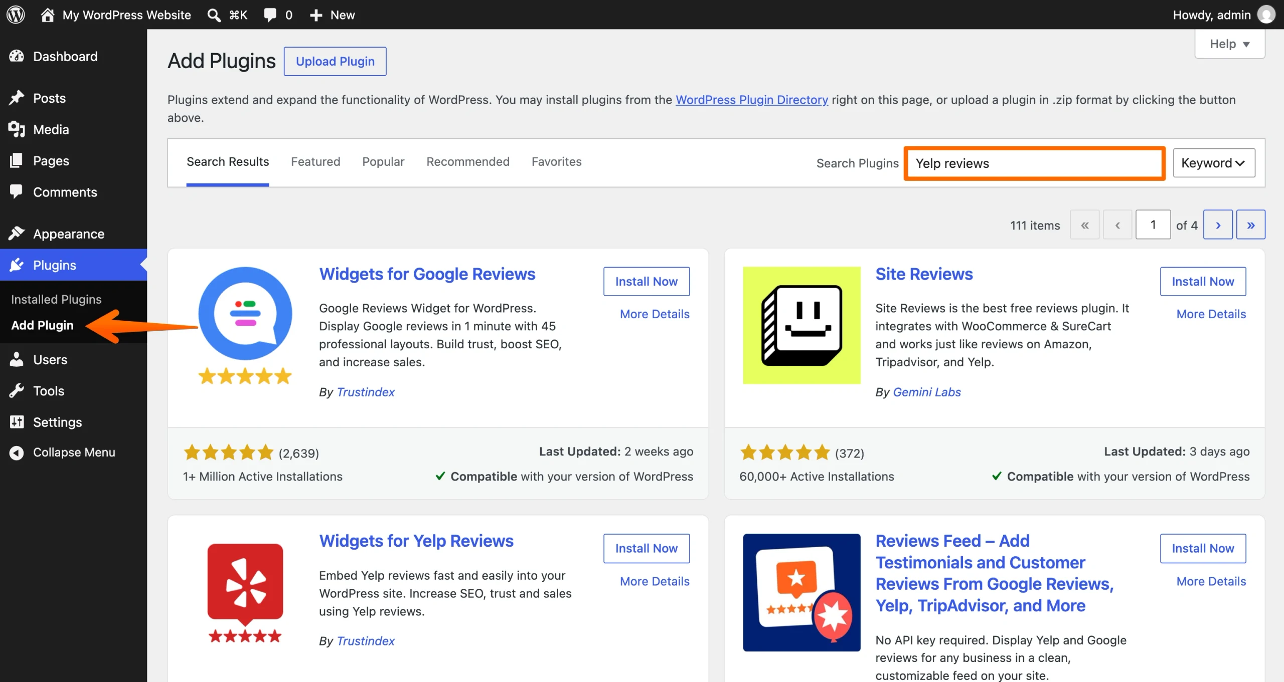 WordPress Plugin Directory search results for Yelp review plug-ins with Yelp highlighted