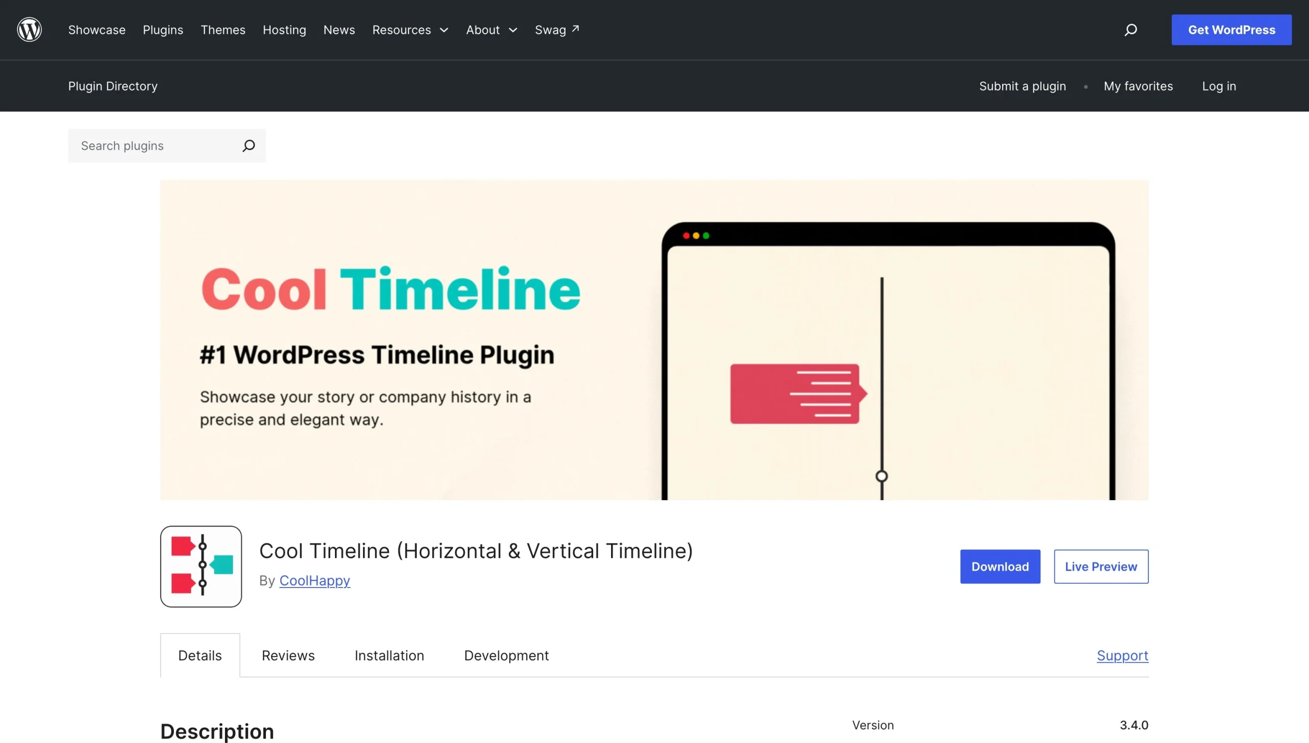Cool Timeline plugin page showing horizontal and vertical timeline layout preview