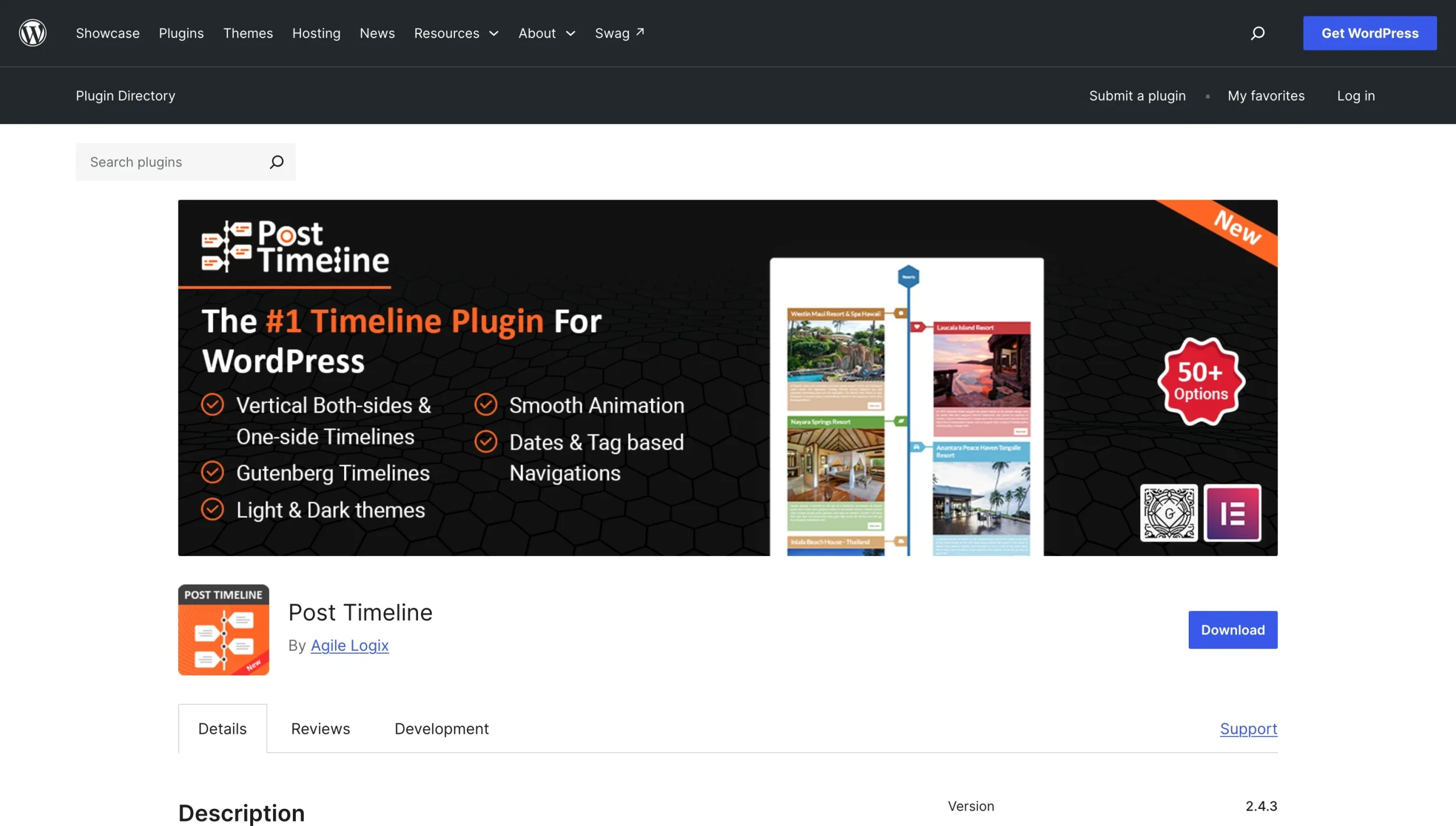 Post Timeline plugin page highlighting multiple WordPress timeline styles and customization options