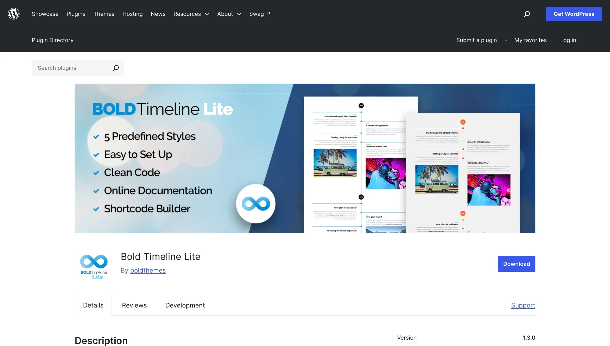 Bold Timeline Lite plugin page displaying predefined timeline styles and sample layouts