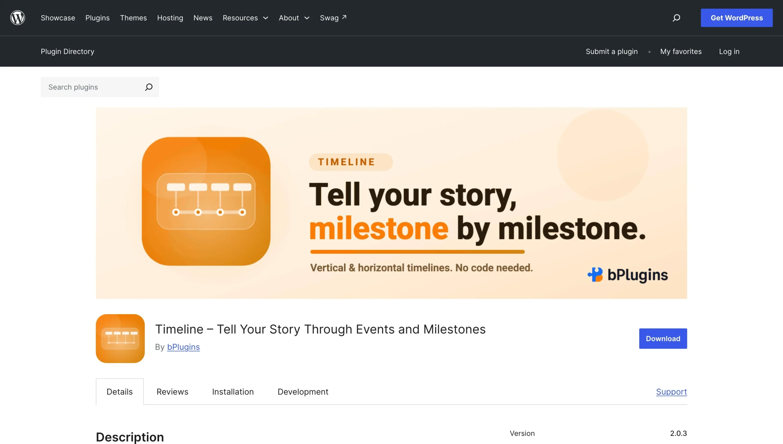 Timeline by bPlugins page promoting vertical and horizontal milestone timeline layouts