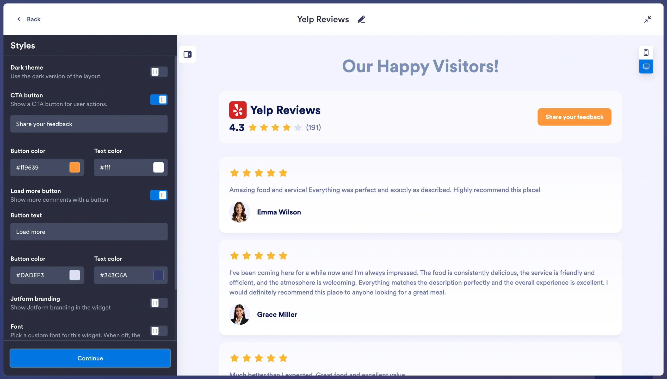 Yelp Reviews Widget styling panel showing layout, colors, and review display options
