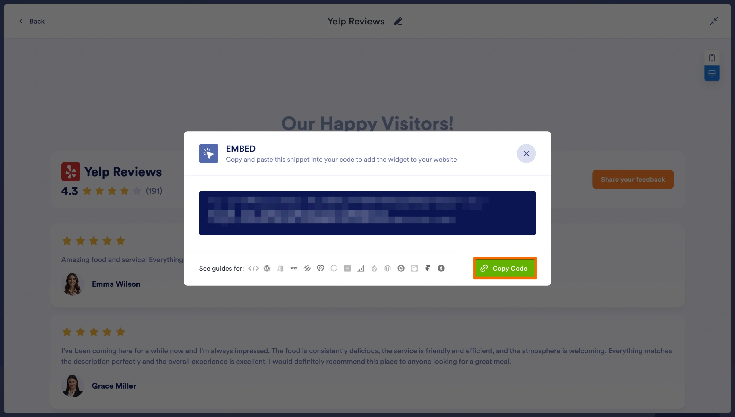 Jotform embed code popup displaying code to copy for the Yelp Reviews Widget