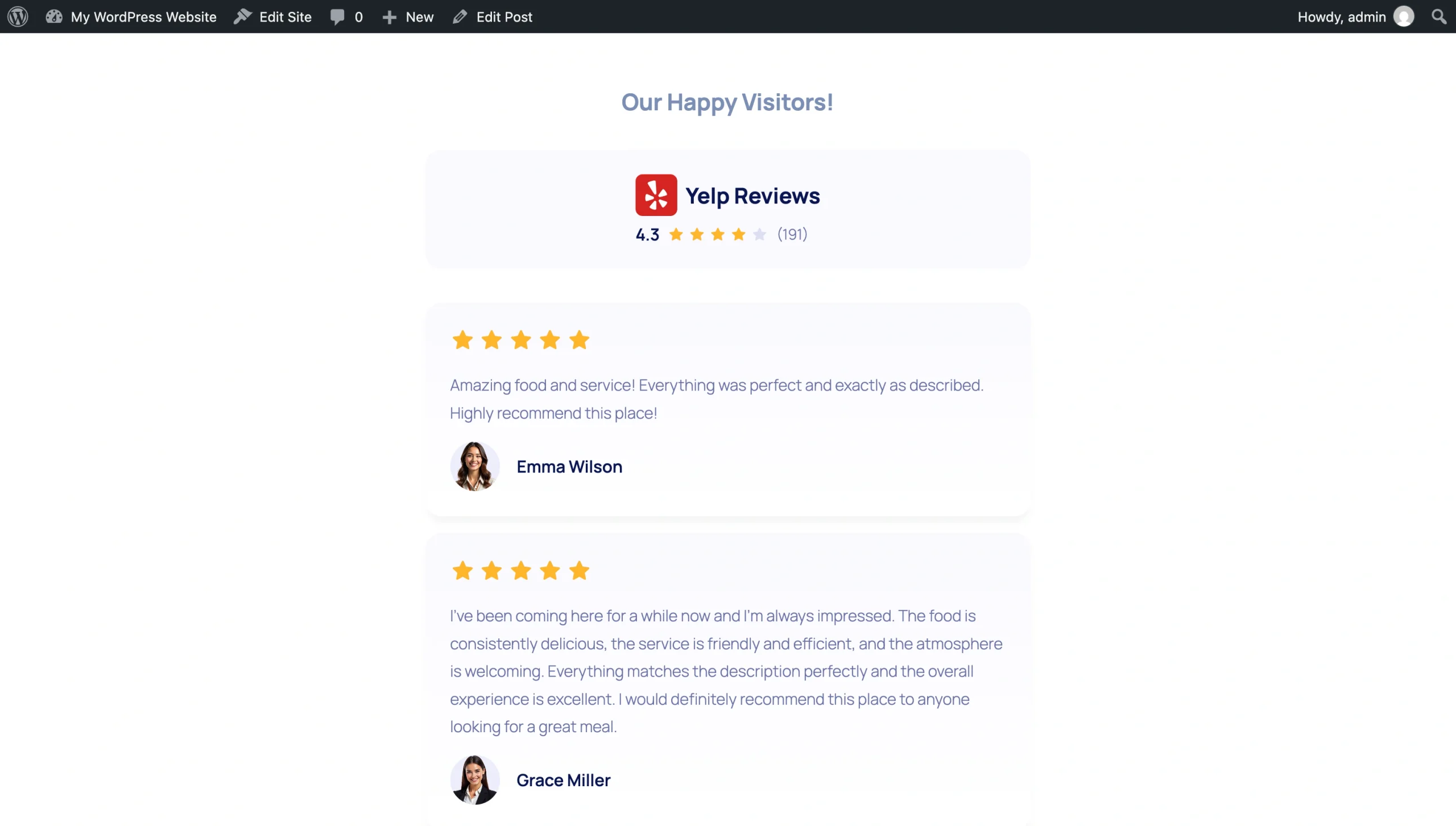 WordPress page preview showing the embedded Yelp Reviews Widget with customer reviews