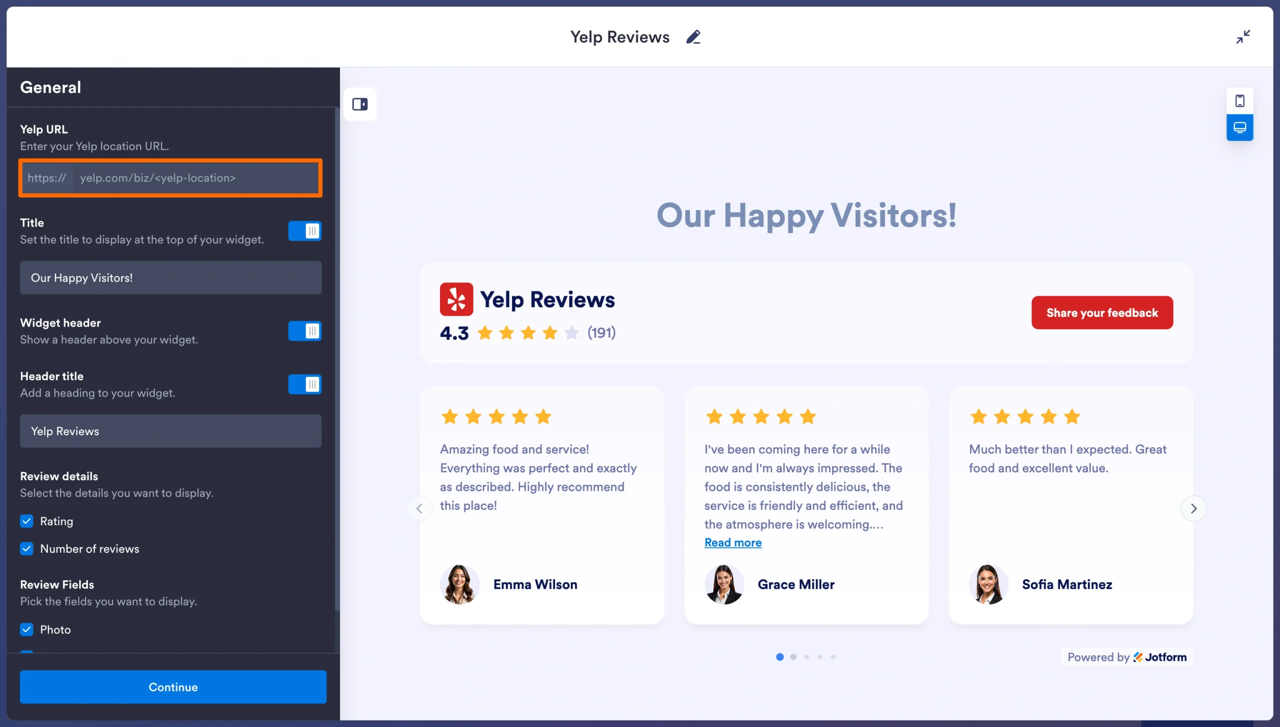 Jotform Yelp Reviews Widget with a Yelp business URL entered in settings
