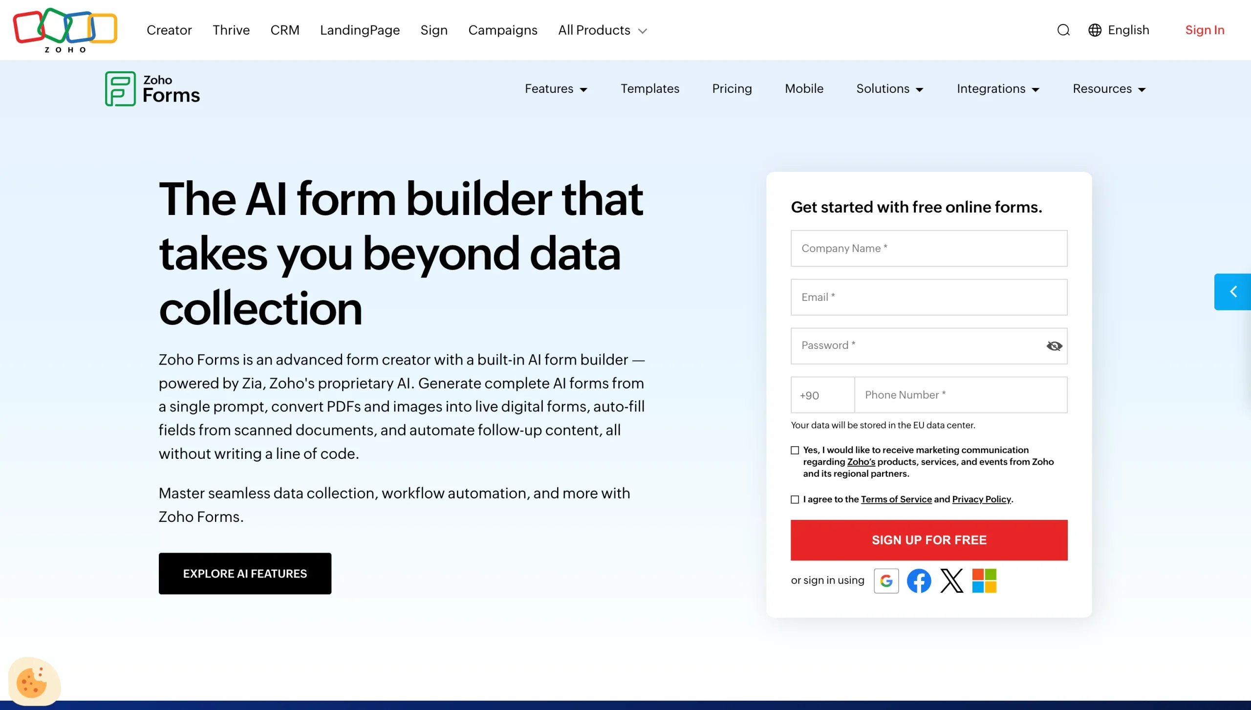Screenshot of the Zoho Forms landing page, showing a headline "The AI form builder that takes you beyond data collection"