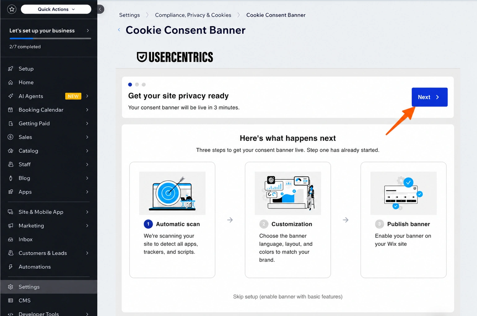 Wix Techcontent Hub 규정 준수, 개인정보 보호 및 쿠키 메뉴 쿠키 동의 배너 추가 옵션 Usercentrics 배너 사용자 지정 메뉴