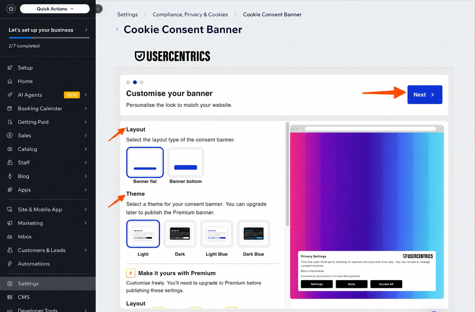 Wix Techcontent Hub 규정 준수, 개인정보 보호 및 쿠키 메뉴 쿠키 동의 배너 추가 옵션 Usercentrics 배너 사용자 지정 메뉴 레이아웃 및 테마 옵션