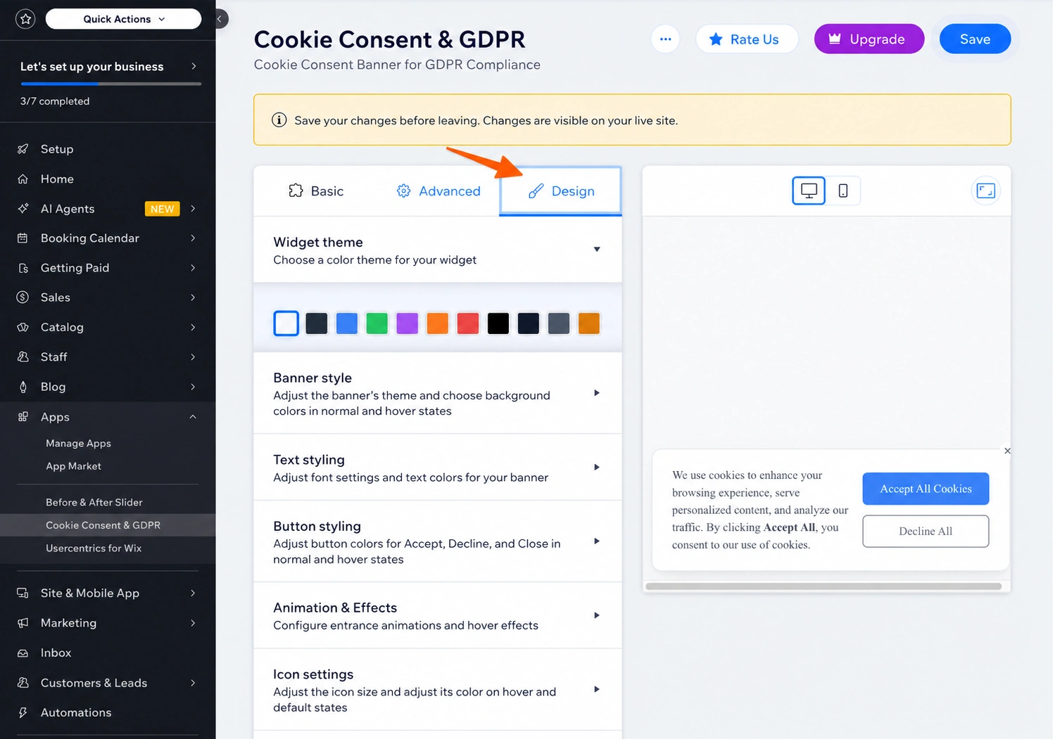 Wix 앱 마켓 쿠키 동의 및 GDPR 앱 사용자 지정 옵션