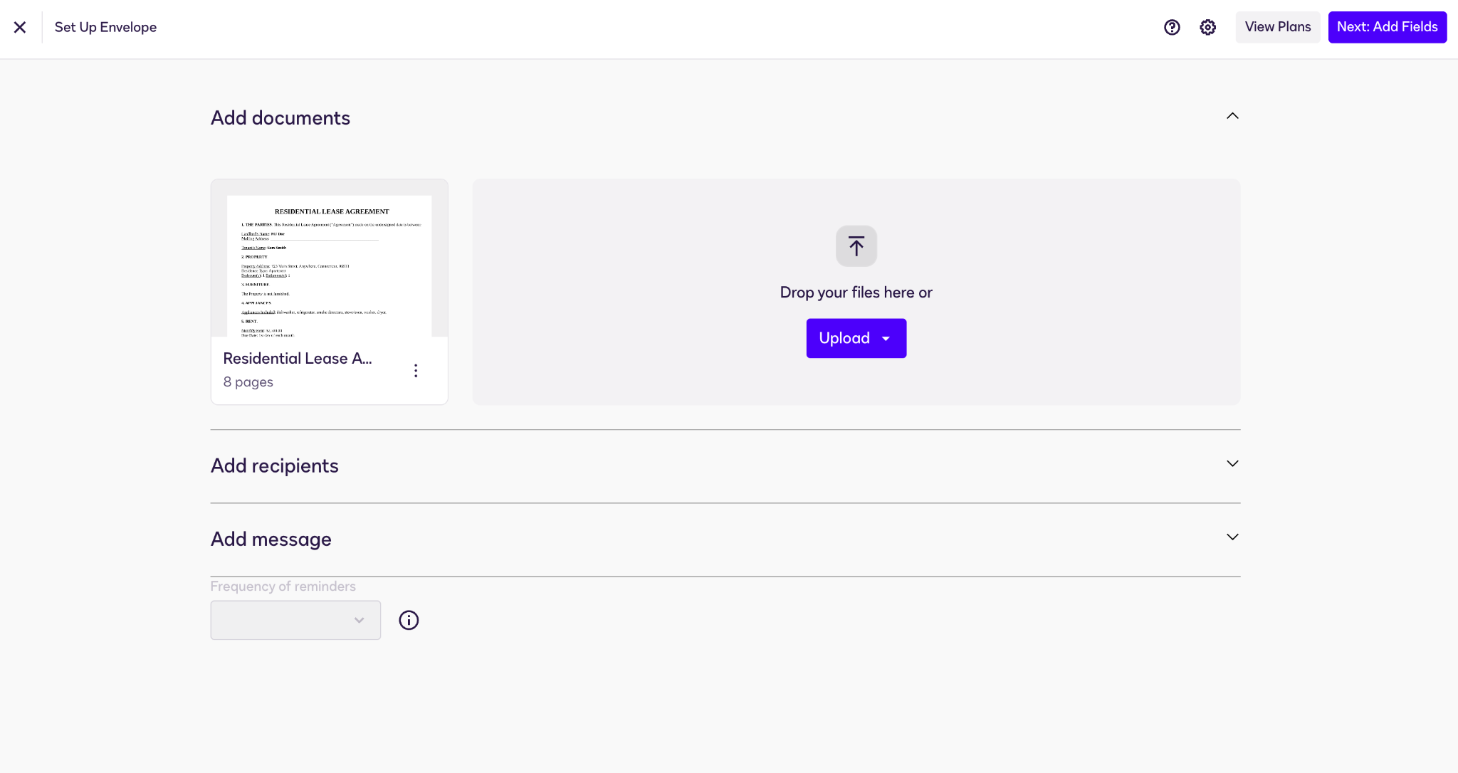Docusign "Set Up Envelope" process "Add documents" menu