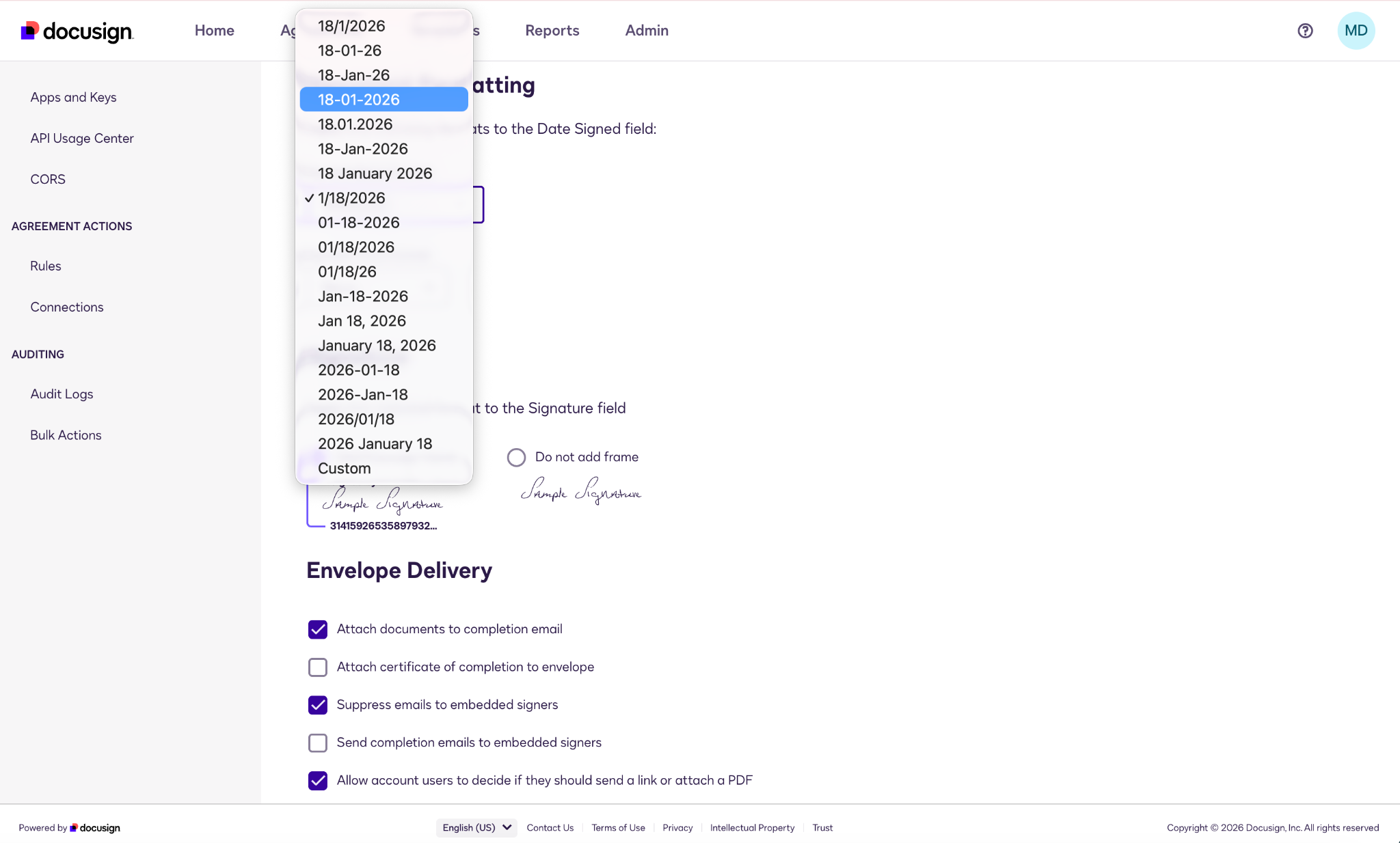 Docusign Admin Menu Date Format Dropdown