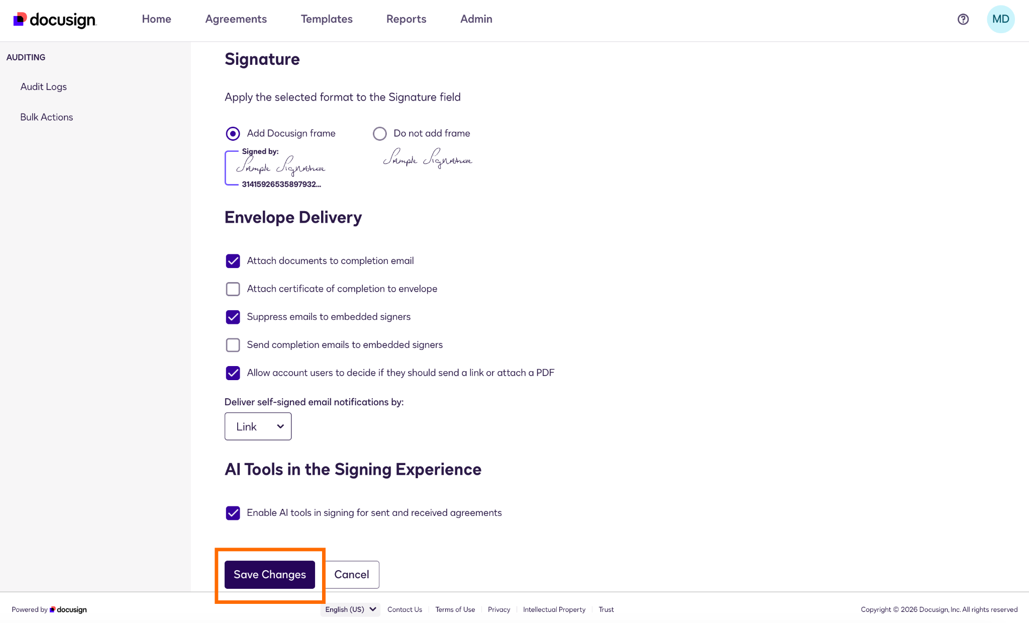 Docusign Admin Menu Save Changes Button