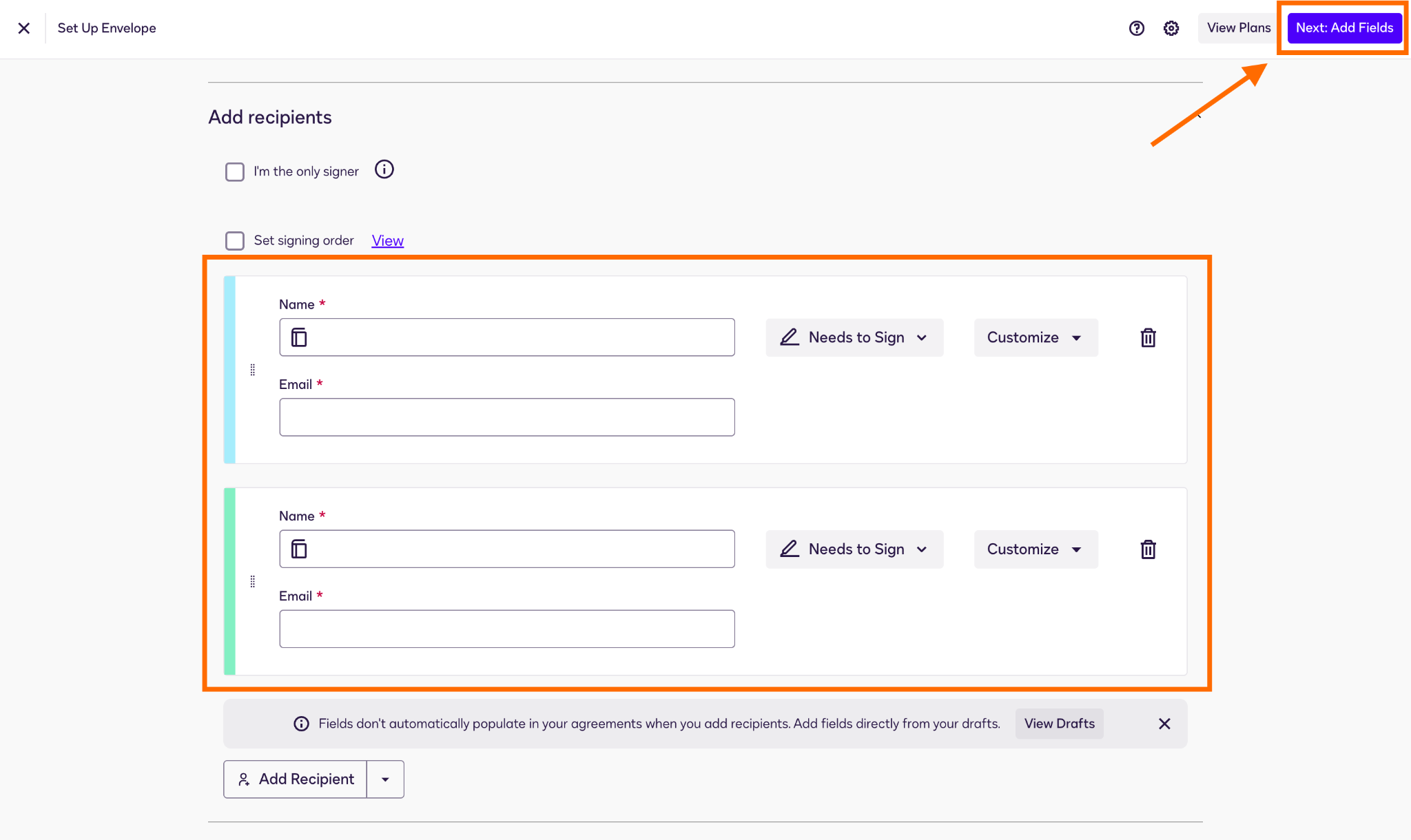 Docusign "Set Up Envelope" process "Add recipients" menu