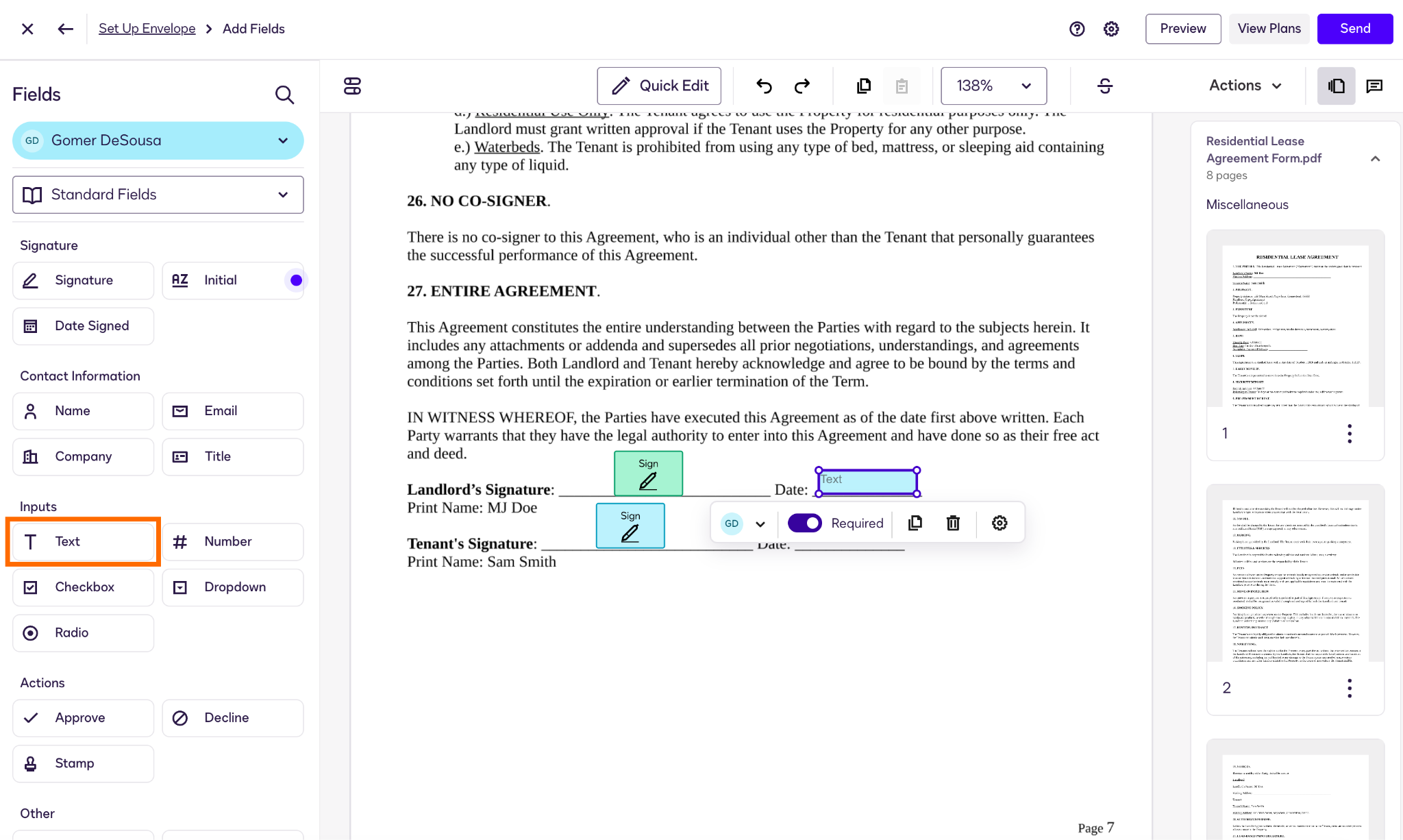 Docusign "Set Up Envelope" process "Add fields" menu Field Elements