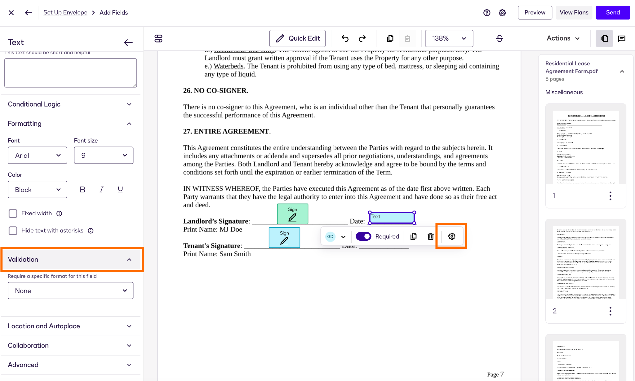 Docusign "Set Up Envelope" process "Add fields" menu Text field Validation option