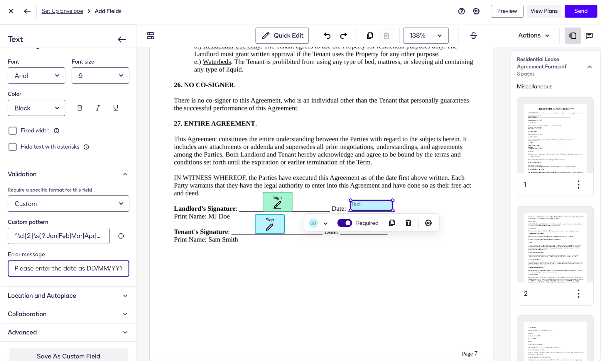 Docusign "Set Up Envelope" process "Add fields" menu Text field Validation option Custom Pattern and Error Message Customization