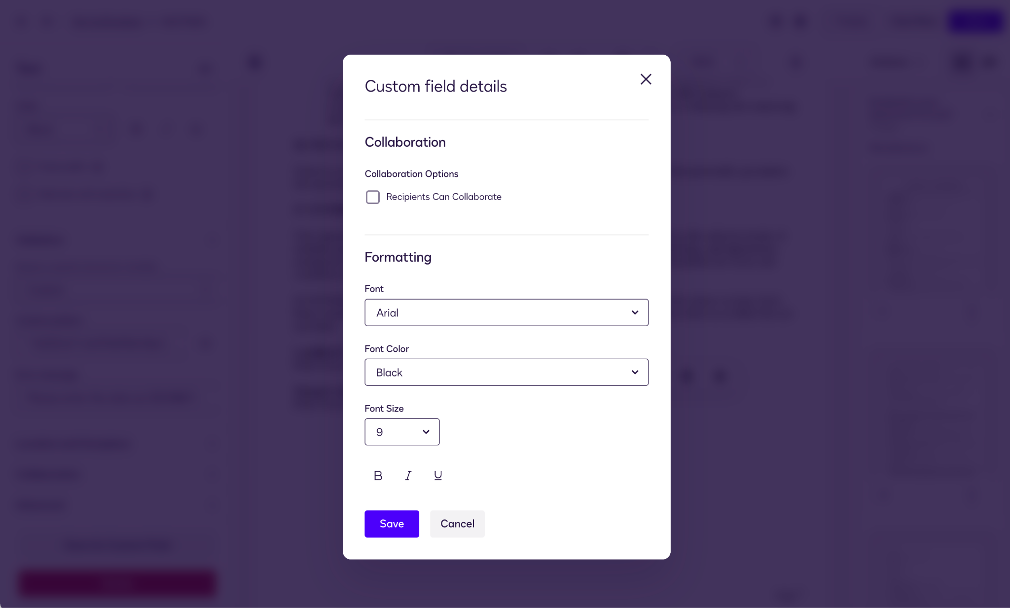 Custom Field Details menu
