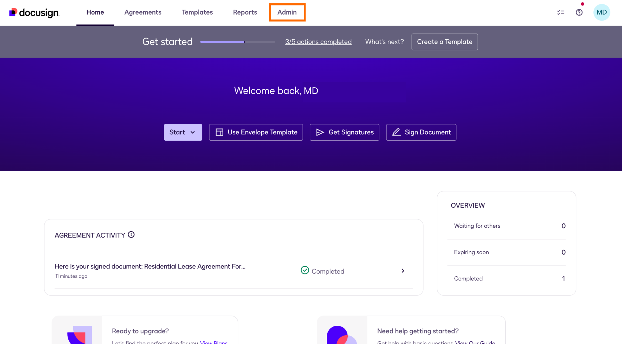 Docusign Homepage Admin menu button