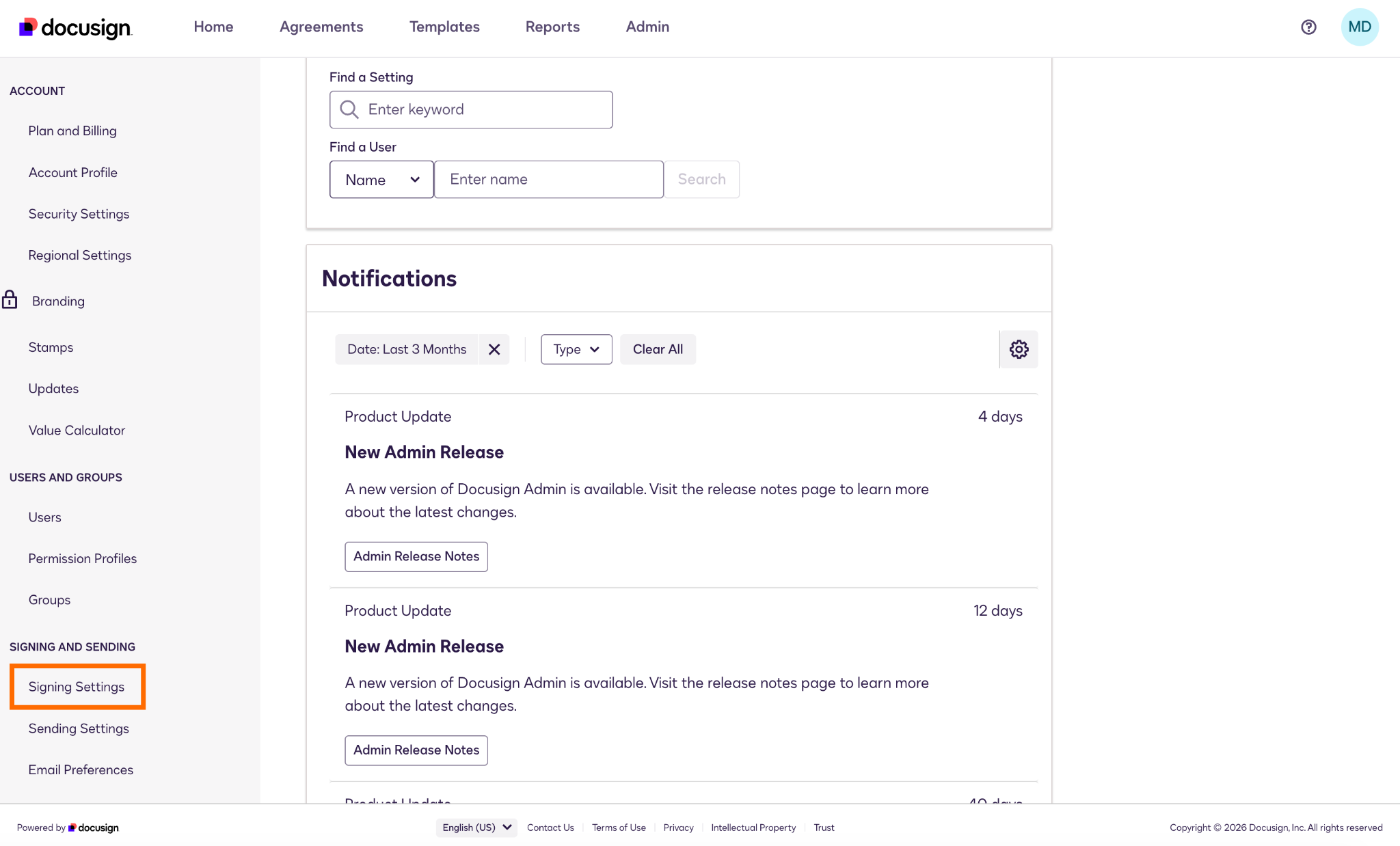 Docusign Admin Page Signing Settings Button