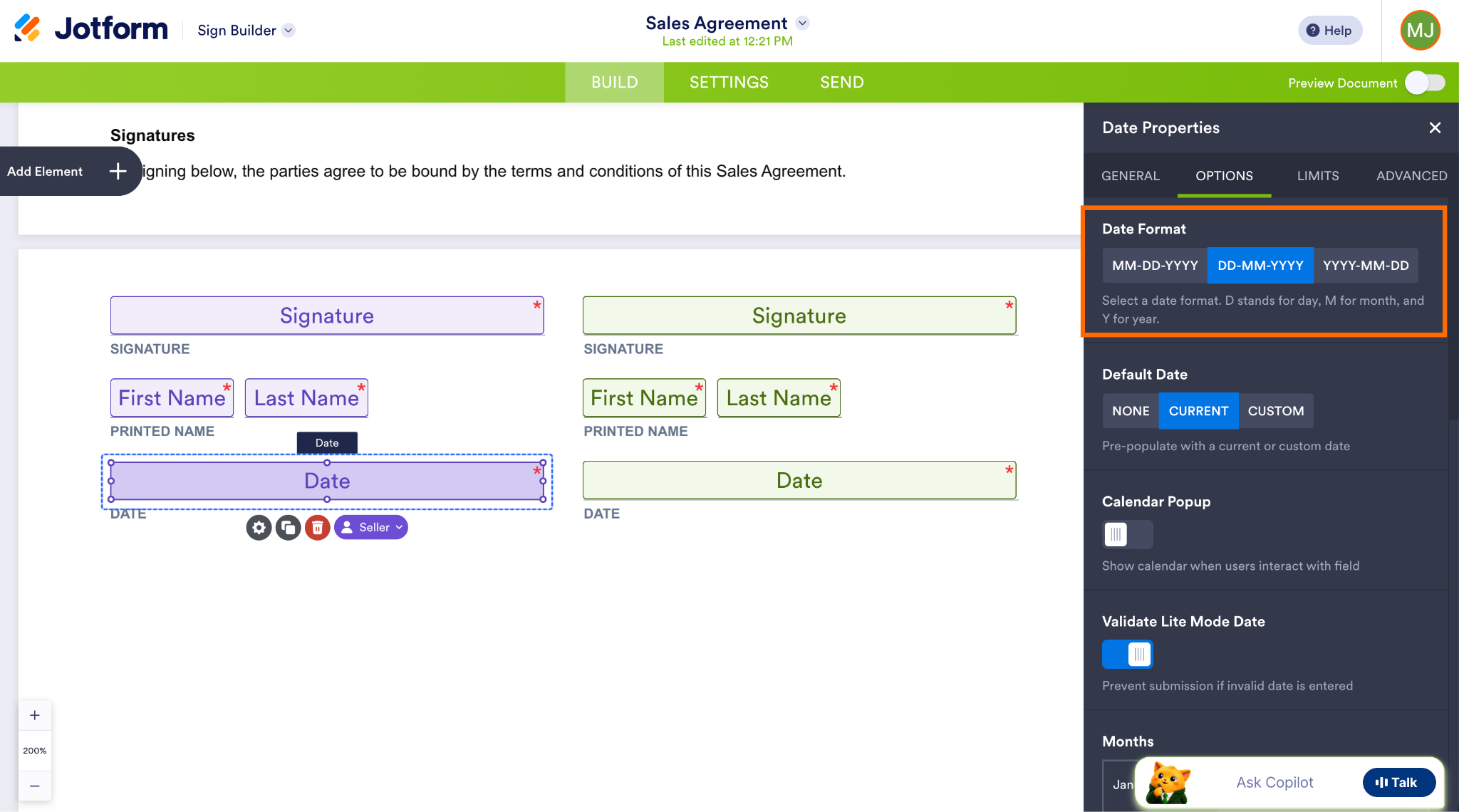Jotform Sign Builder Date Field Properties Date Format Option