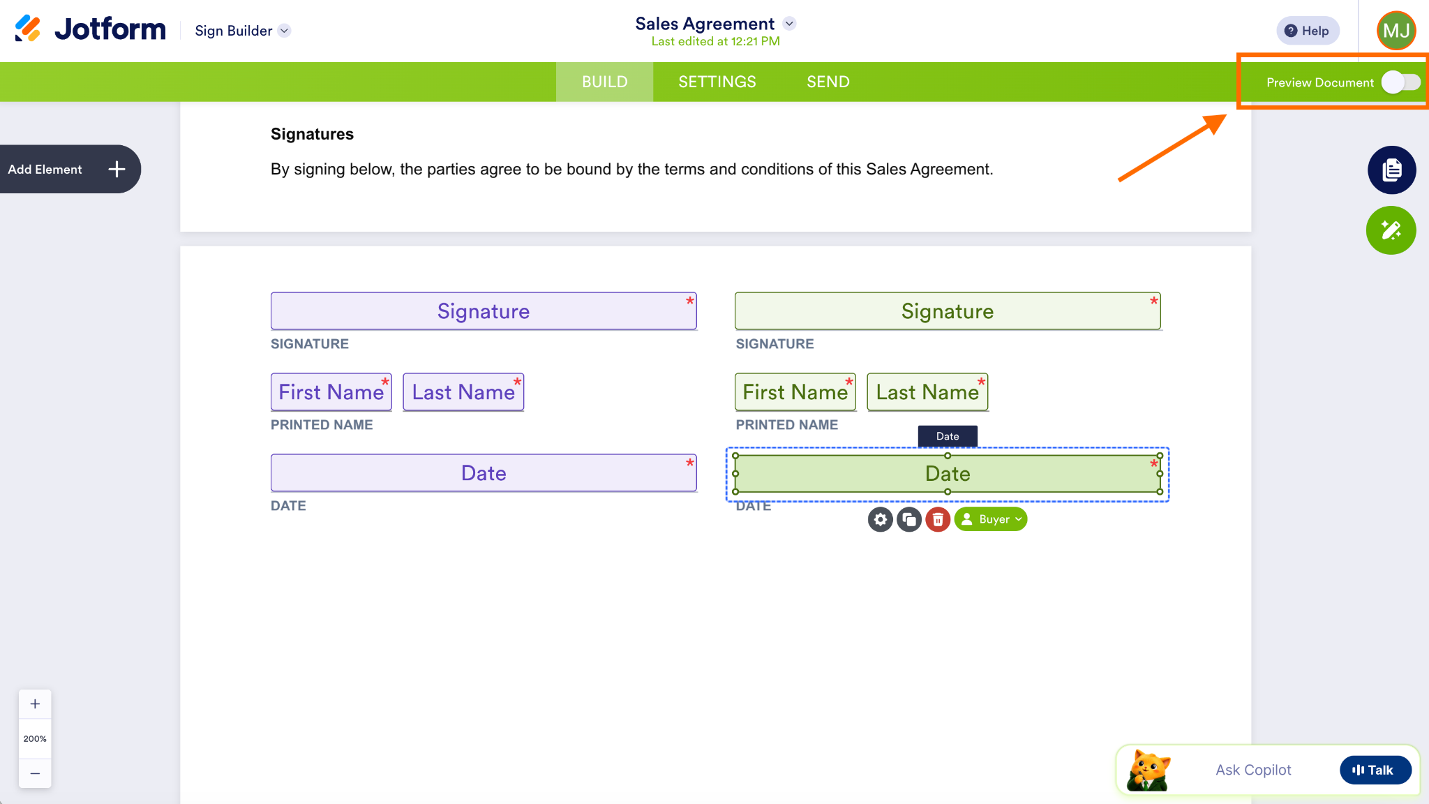 Jotform Sign Builder Preview Document Button