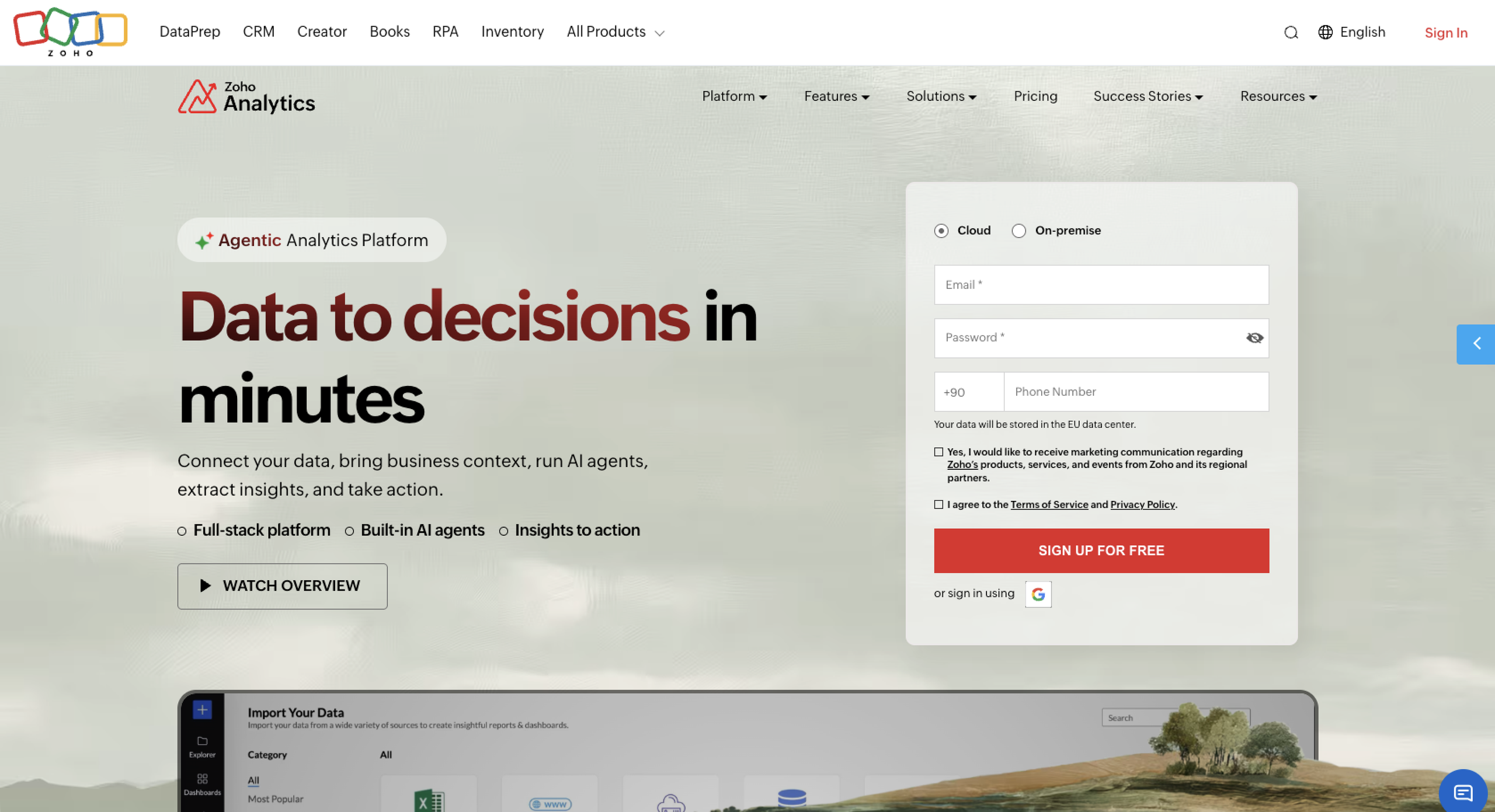 Zoho Analytics Landing Page