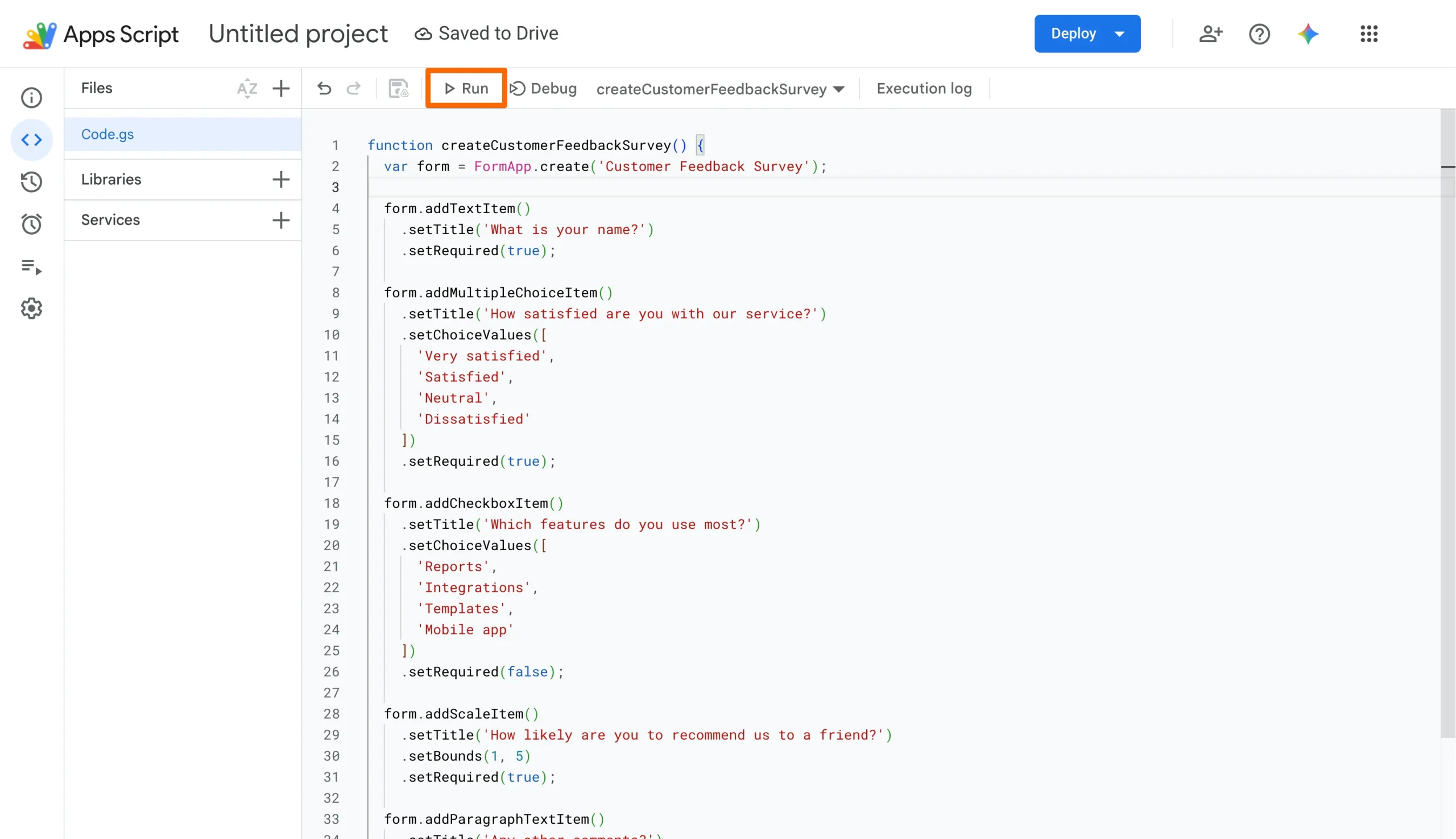 Google Apps Script editor displaying survey creation code with the Run button highlighted