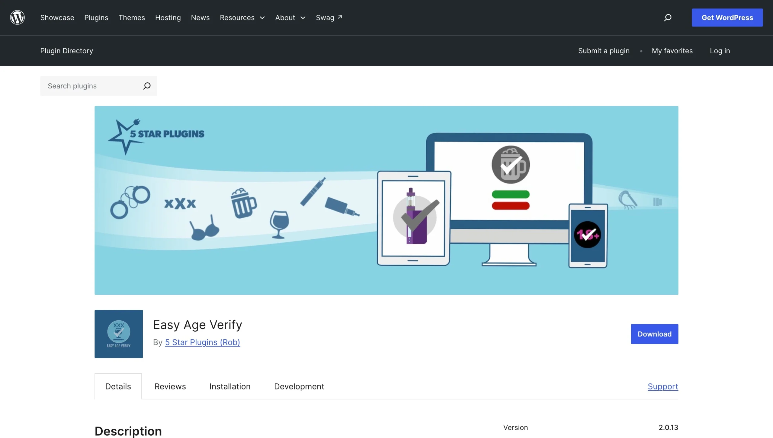 Easy Age Verify WordPress plug-in page displaying its age verification banner