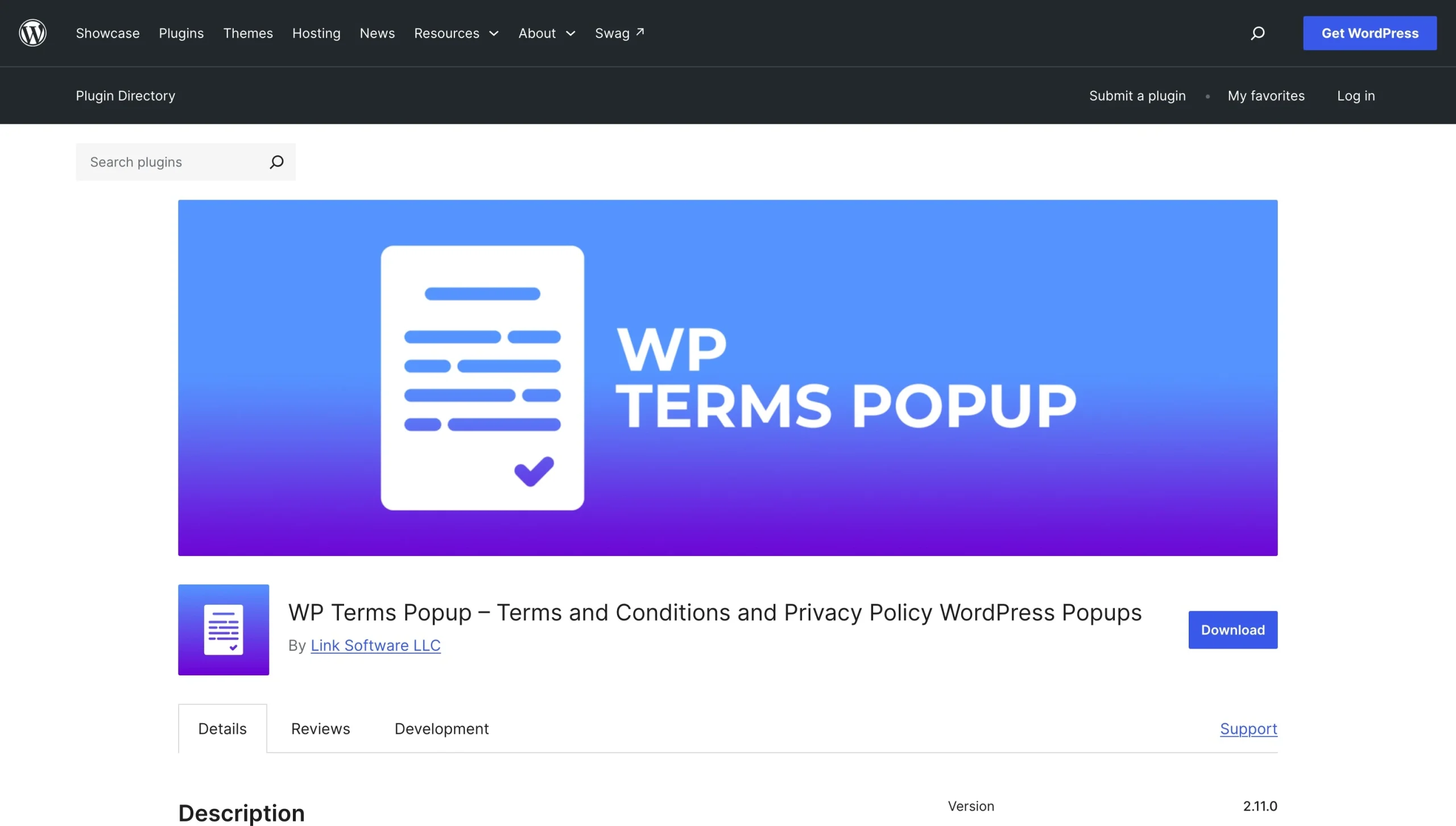WP Terms Popup plug-in listing in the WordPress directory with its promotional banner