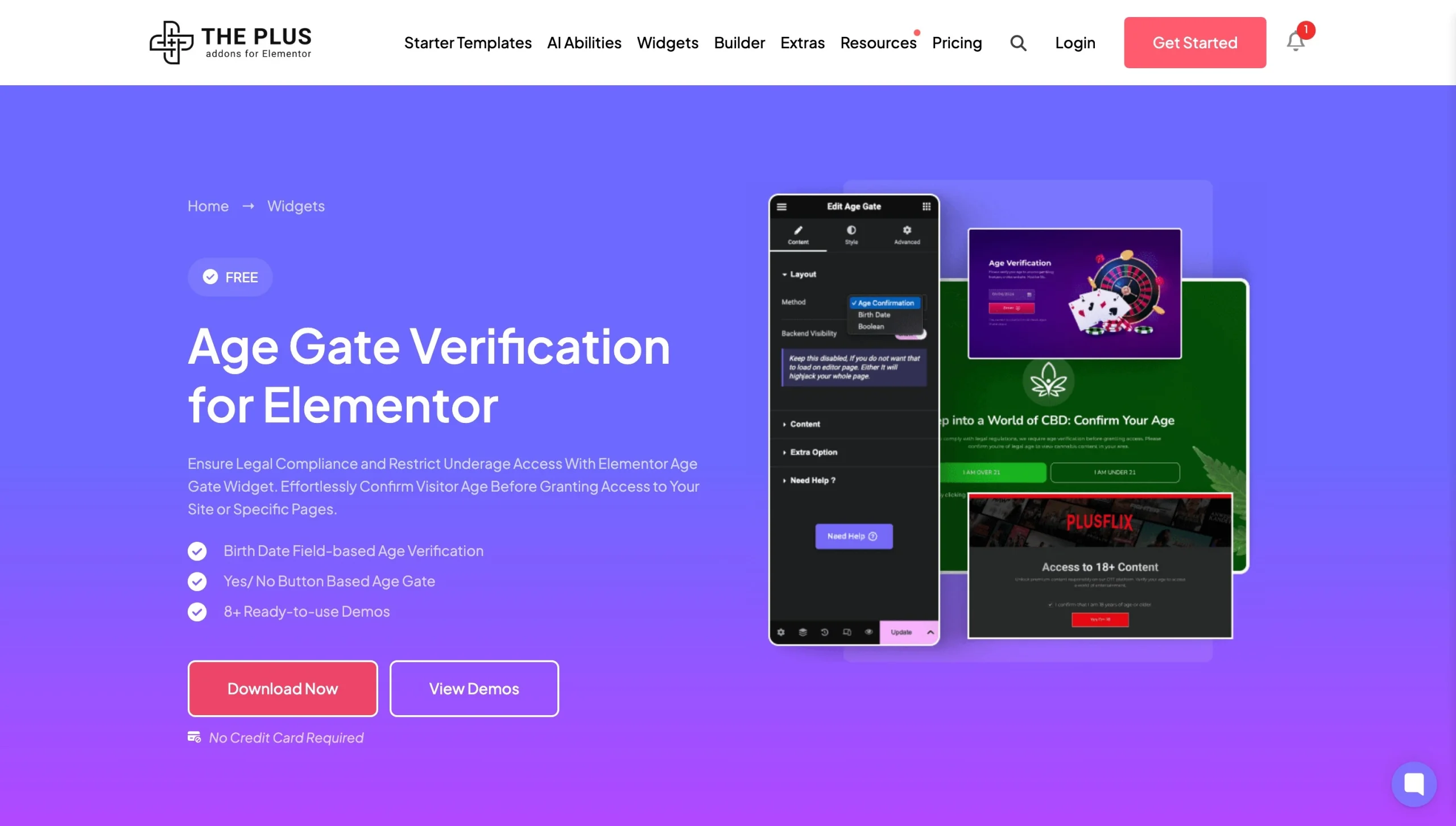 The Plus Addons for Elementor page showcasing its age gate verification widget