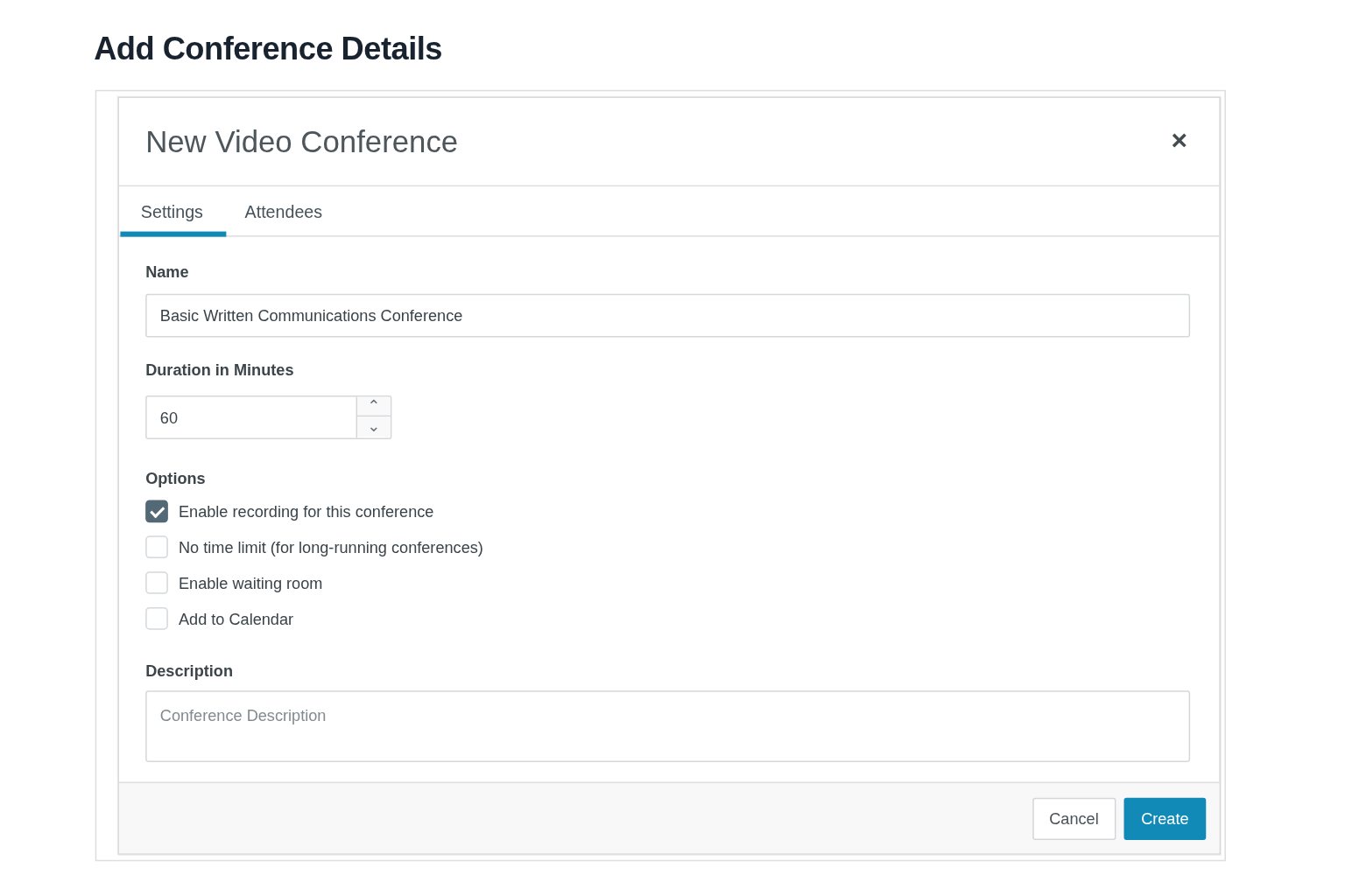 Canvas LMS conference setup window showing meeting name, duration, recording options, and description fields