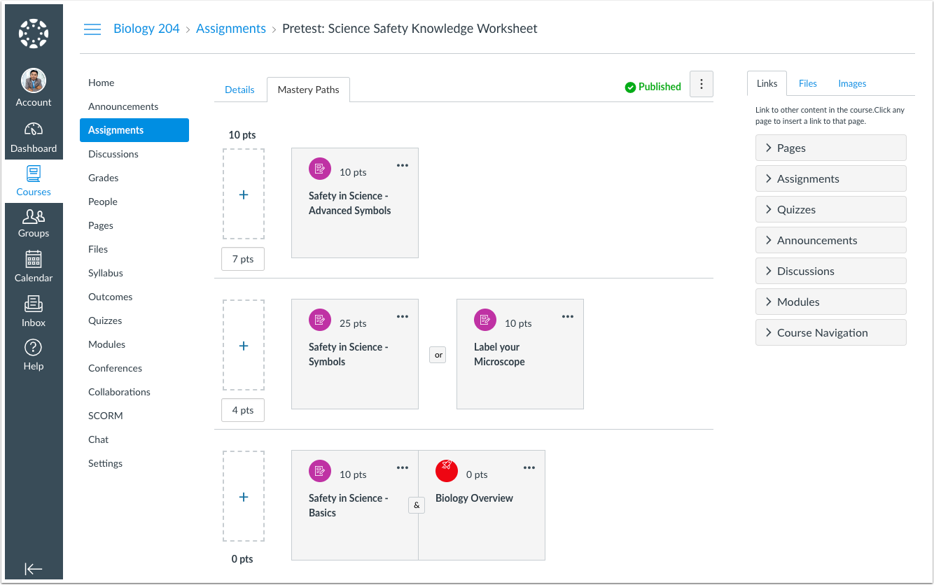 Canvas LMS Mastery Paths interface showing differentiated science assignments organized by points and performance levels