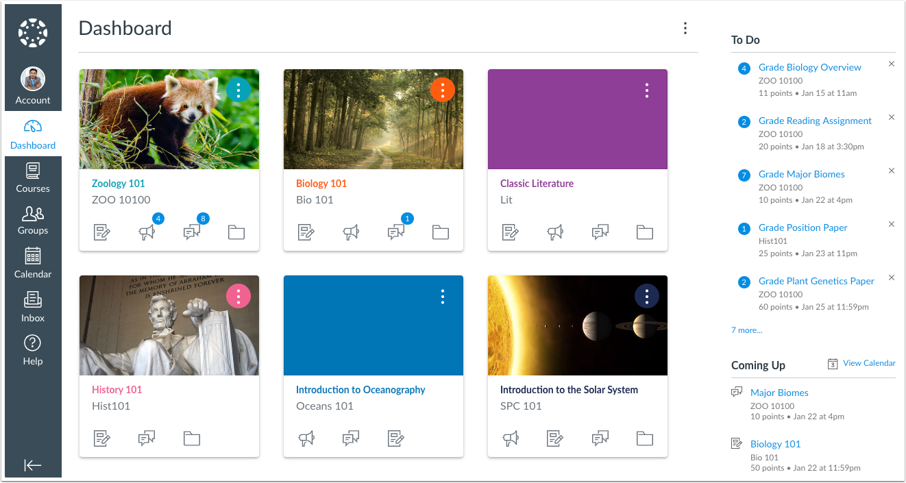 Canvas LMS dashboard displaying published courses, course cards, and upcoming student activities
