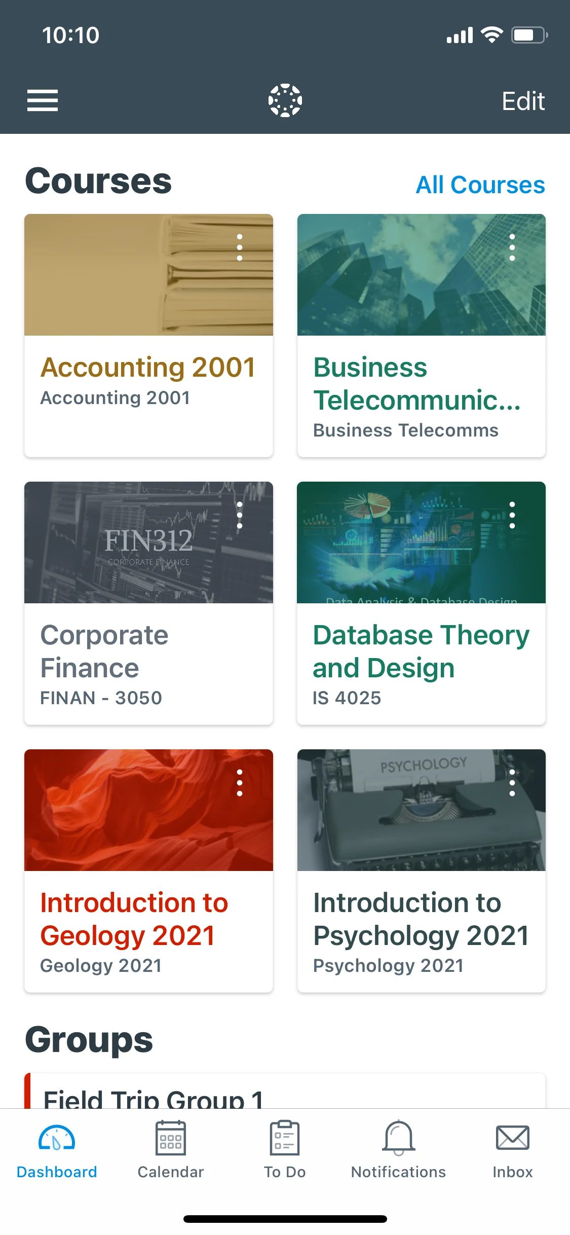 Canvas LMS mobile app dashboard displaying course cards, groups, and bottom navigation options