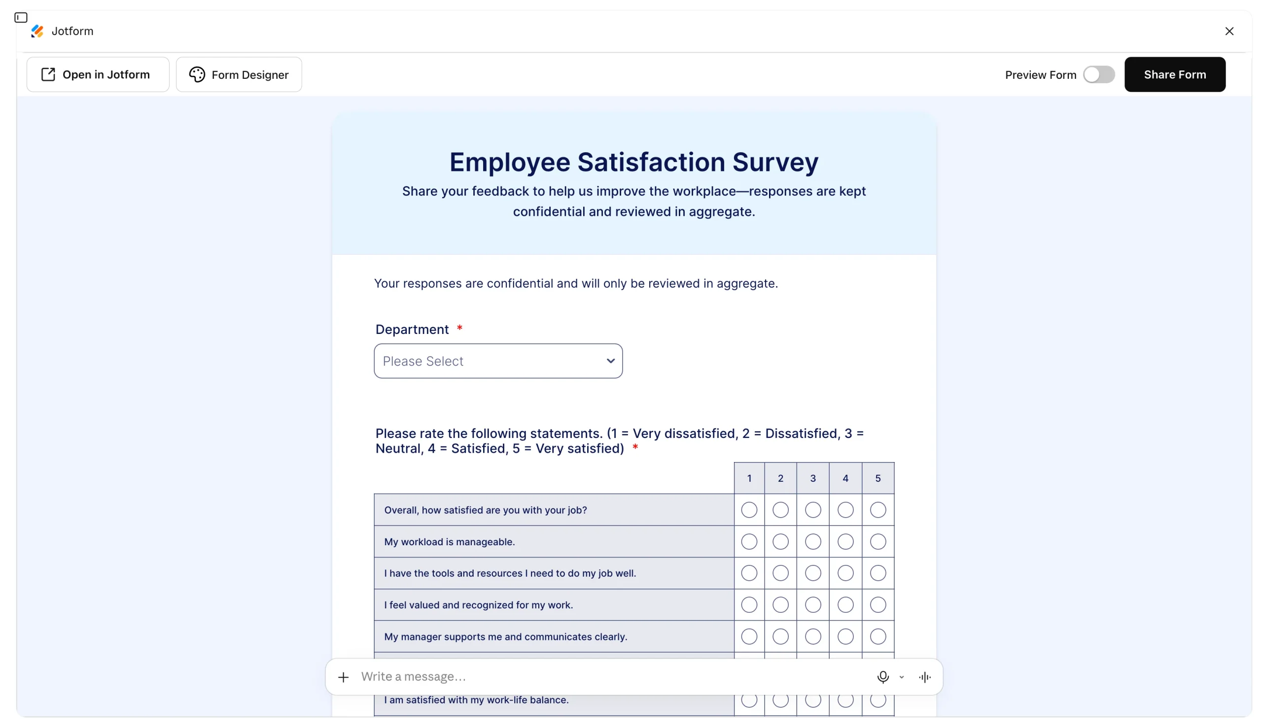 Jotform employee satisfaction survey preview inside Claude with department selection and rating questions