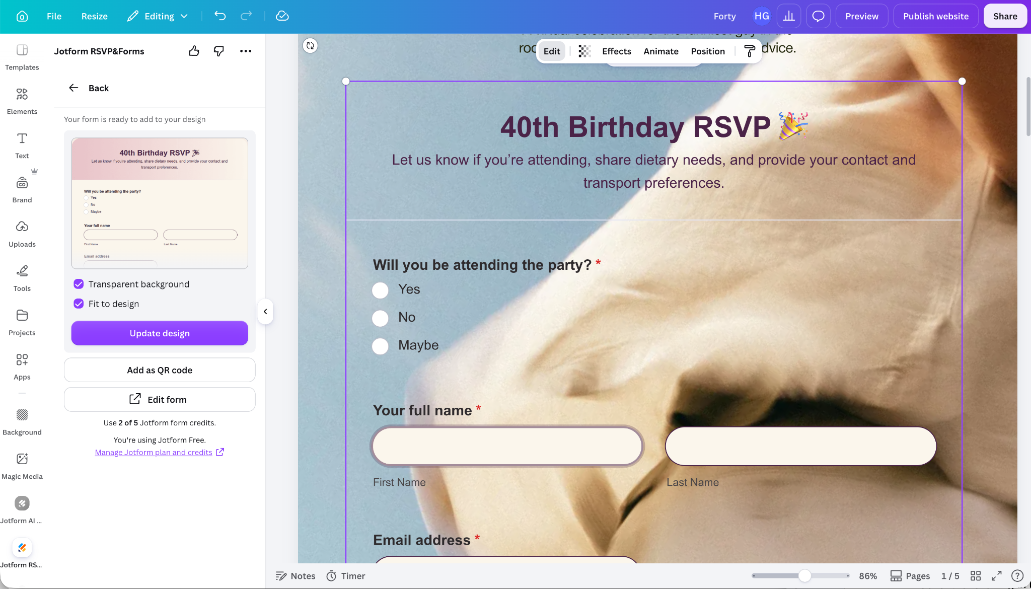 Editor di Canva che mostra un modulo RSVP per compleanni incorporato con opzioni di regolazione del design