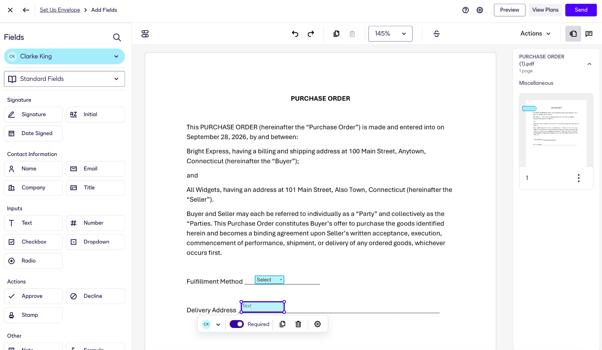 Docusign interface showing a text field added next to text that reads "Delivery Address"