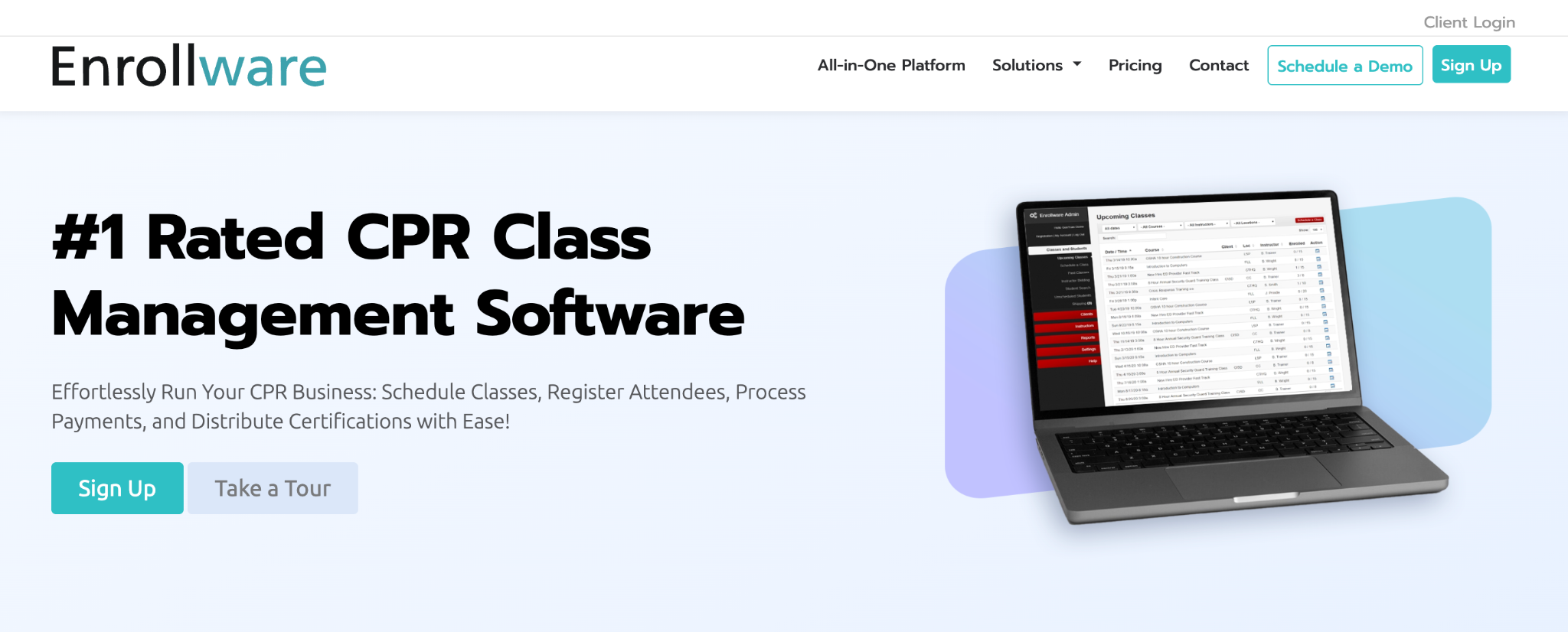 Enrollware homepage advertising CPR class management software with a laptop interface preview
